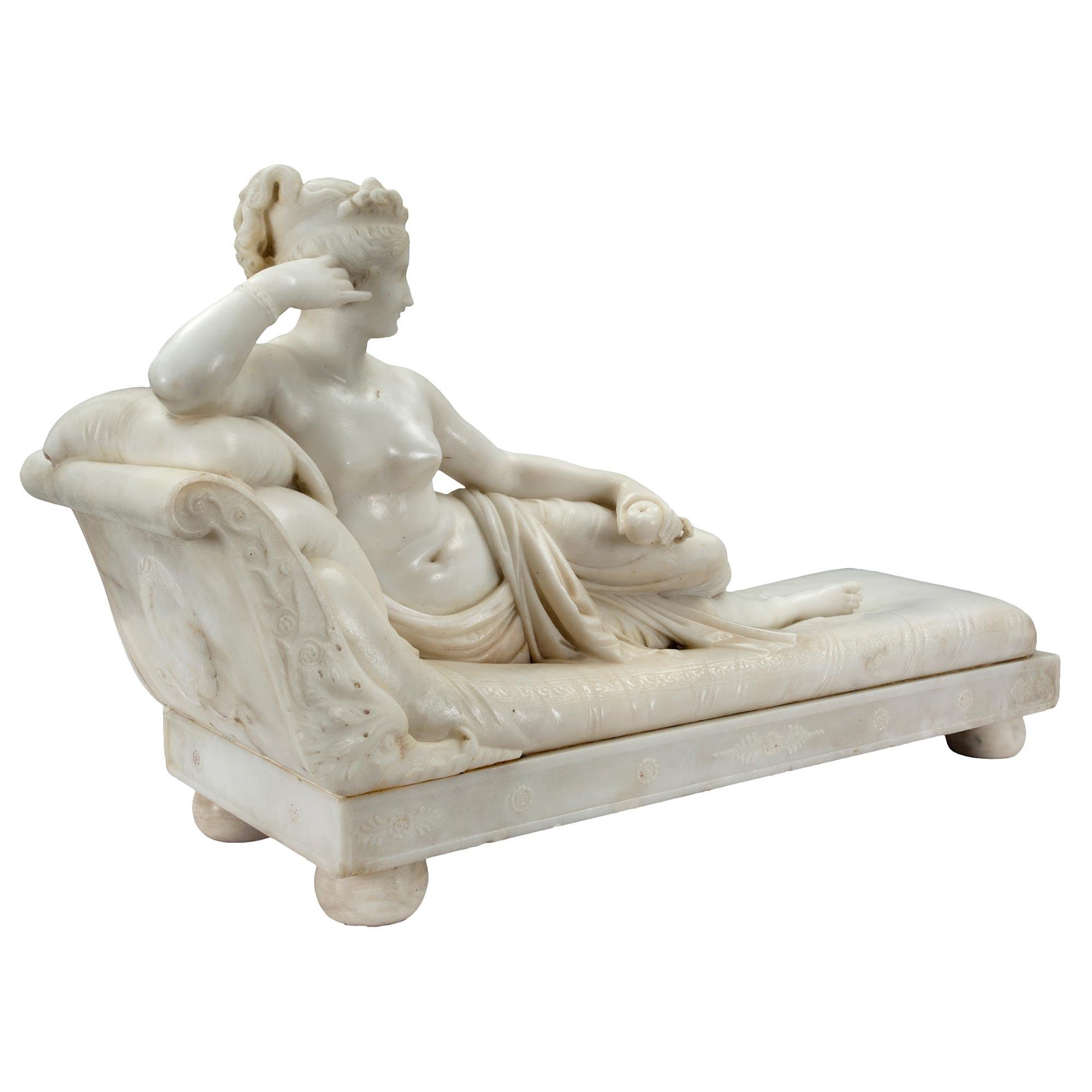 A spectacular Italian 19th century neo-classical white carrara marble sculpture of Paulina Bonaparte signed by Carlo Fossi. Paulina was the sister to Emperor Napoleon and is sculpted laying on her bed. Modeled after the original by Antonio Canova,