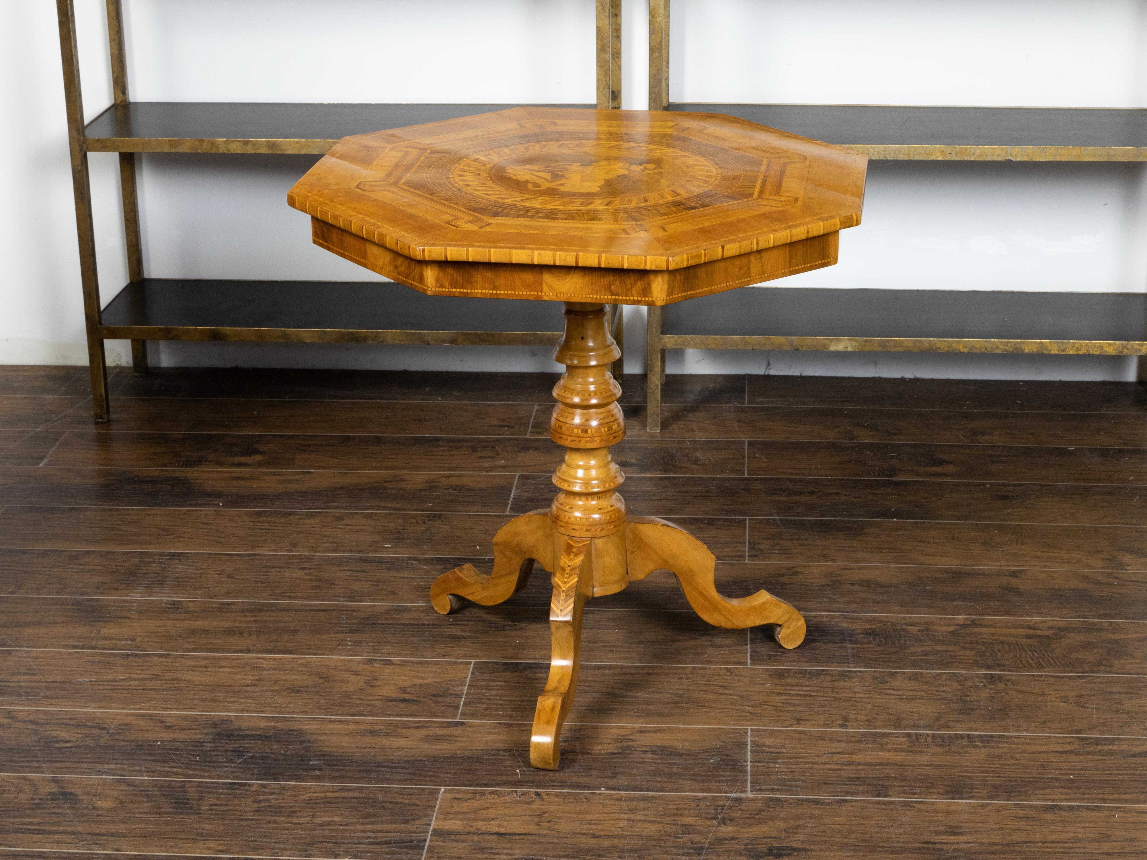 Veneer Italian 19th Century Octagonal Table with Saint George and the Dragon Marquetry For Sale
