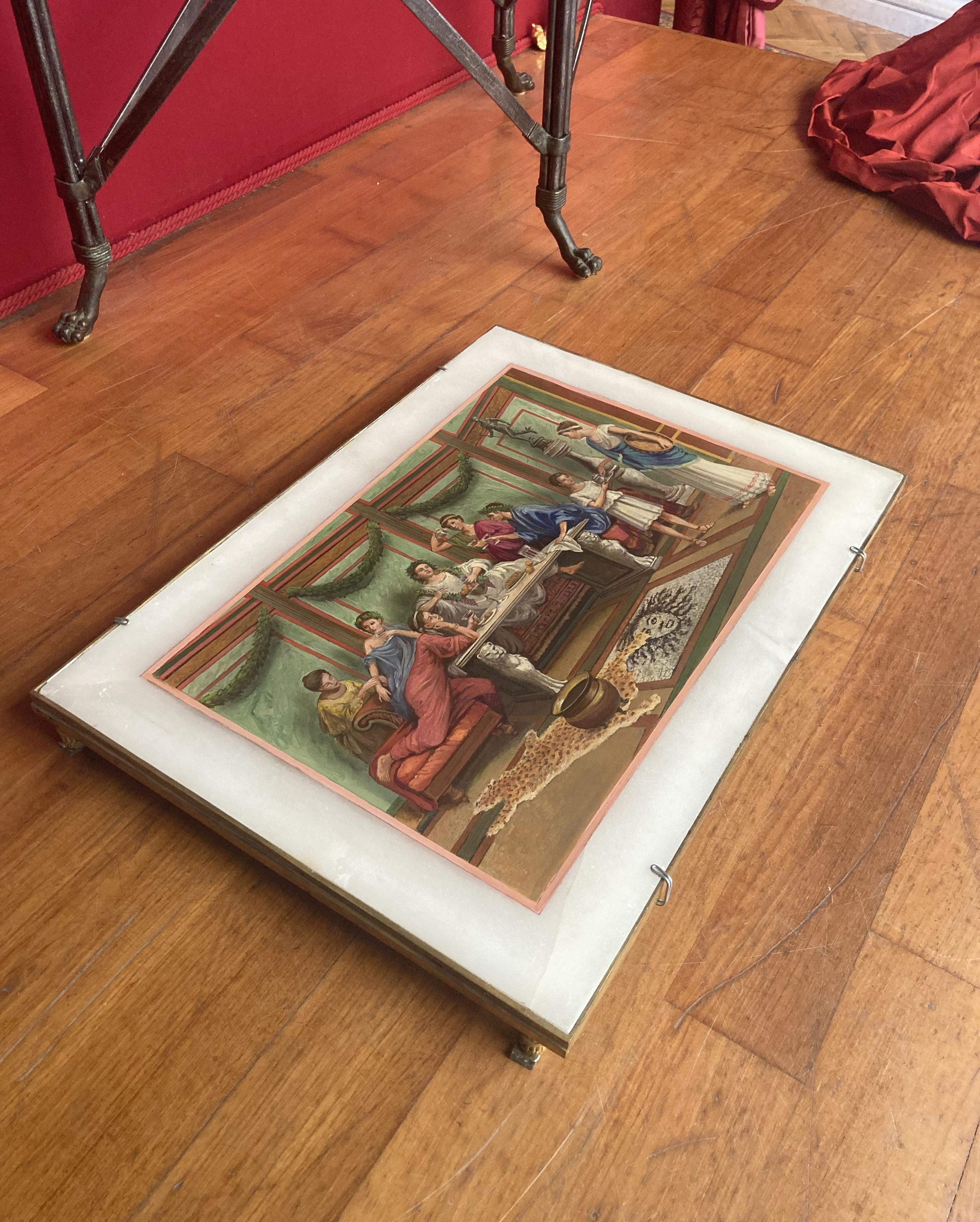 Peinture italienne du 19ème siècle à l'huile sur albâtre - Scène d'intérieur pompéienne en bronze doré en vente 2