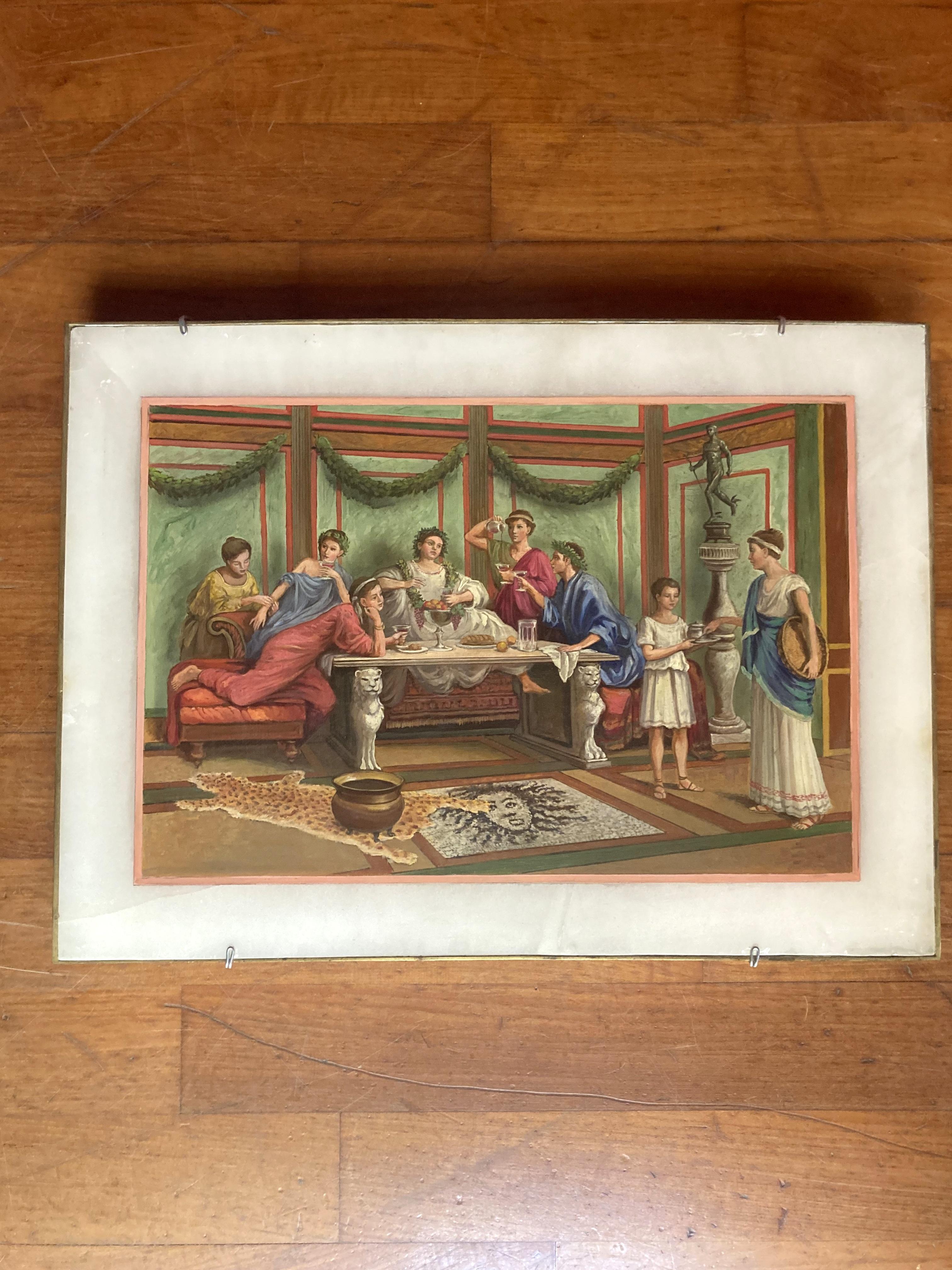 Italian 19th Century Oil on Alabaster Painting Pompeian Interior Scene in Ormolu For Sale 5