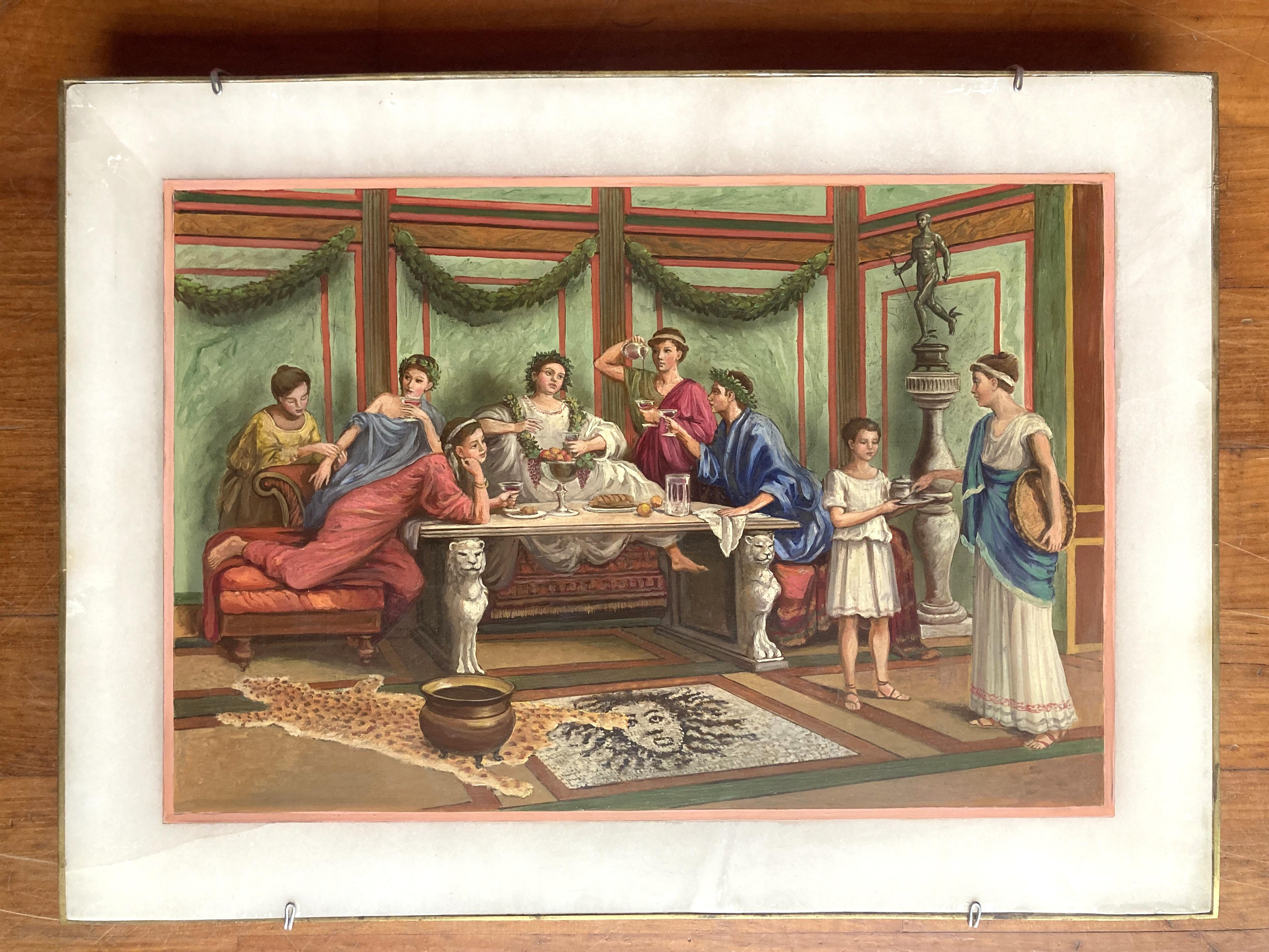 Italian 19th Century Oil on Alabaster Painting Pompeian Interior Scene in Ormolu For Sale 6