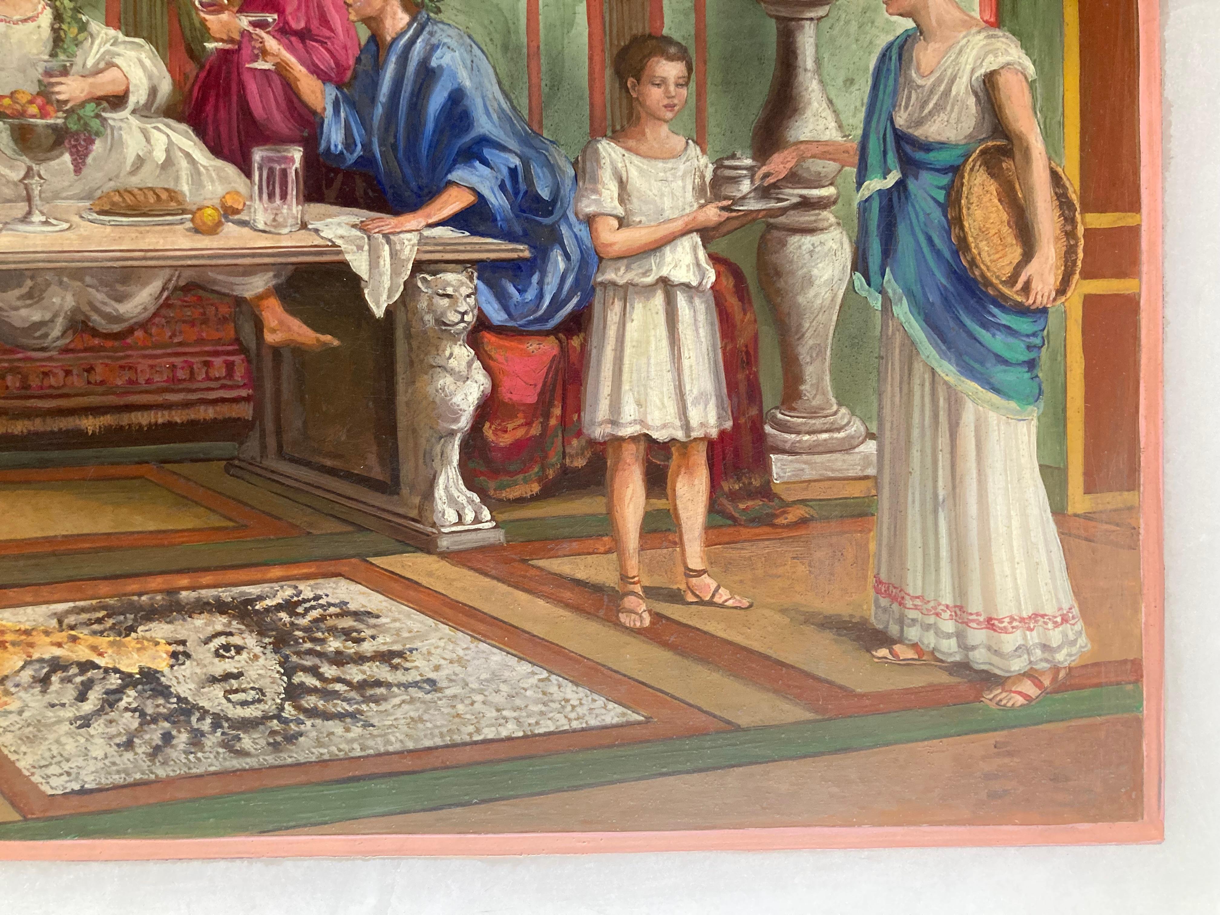 Italian 19th Century Oil on Alabaster Painting Pompeian Interior Scene in Ormolu For Sale 7