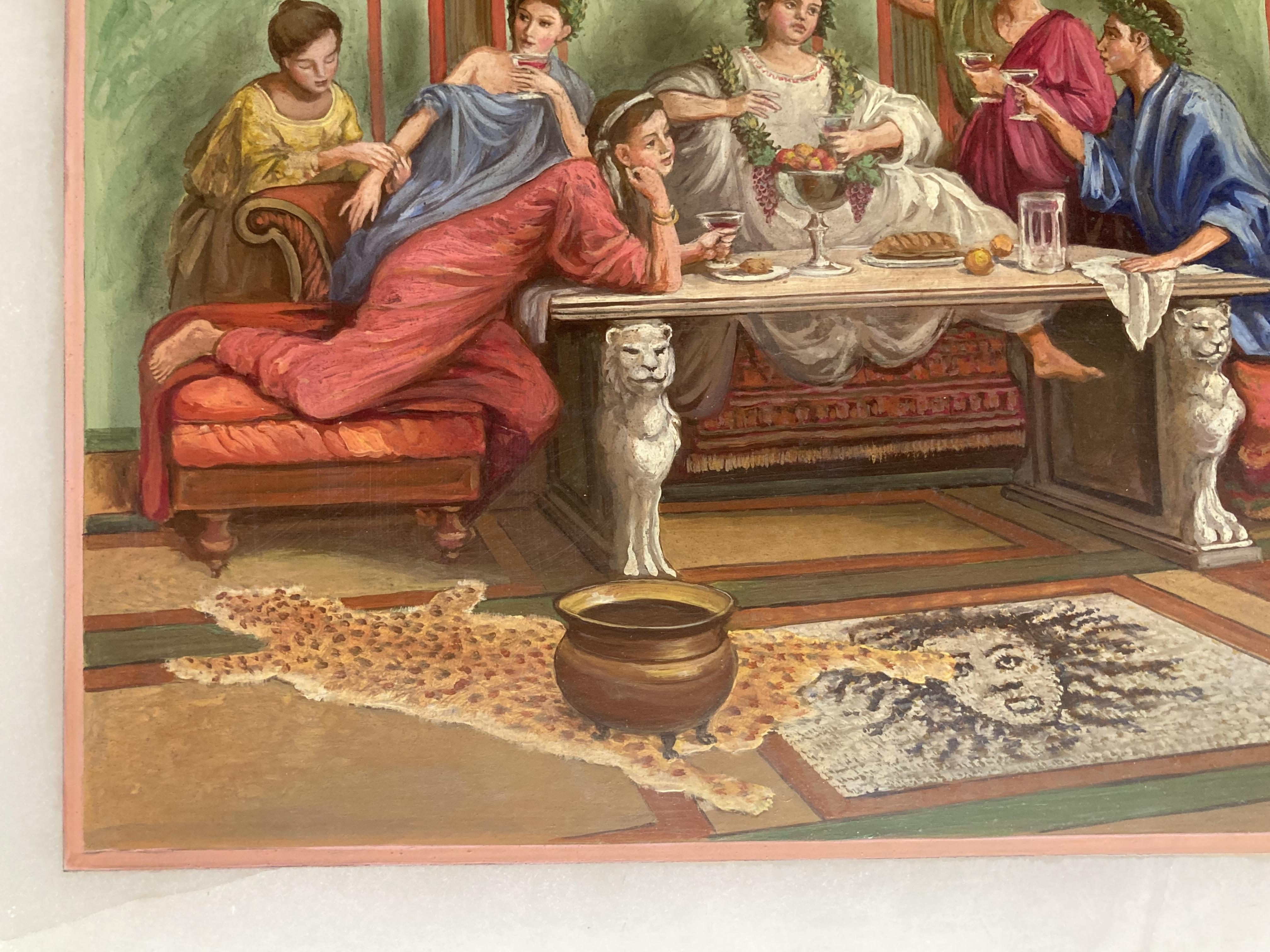 Italian 19th Century Oil on Alabaster Painting Pompeian Interior Scene in Ormolu For Sale 8