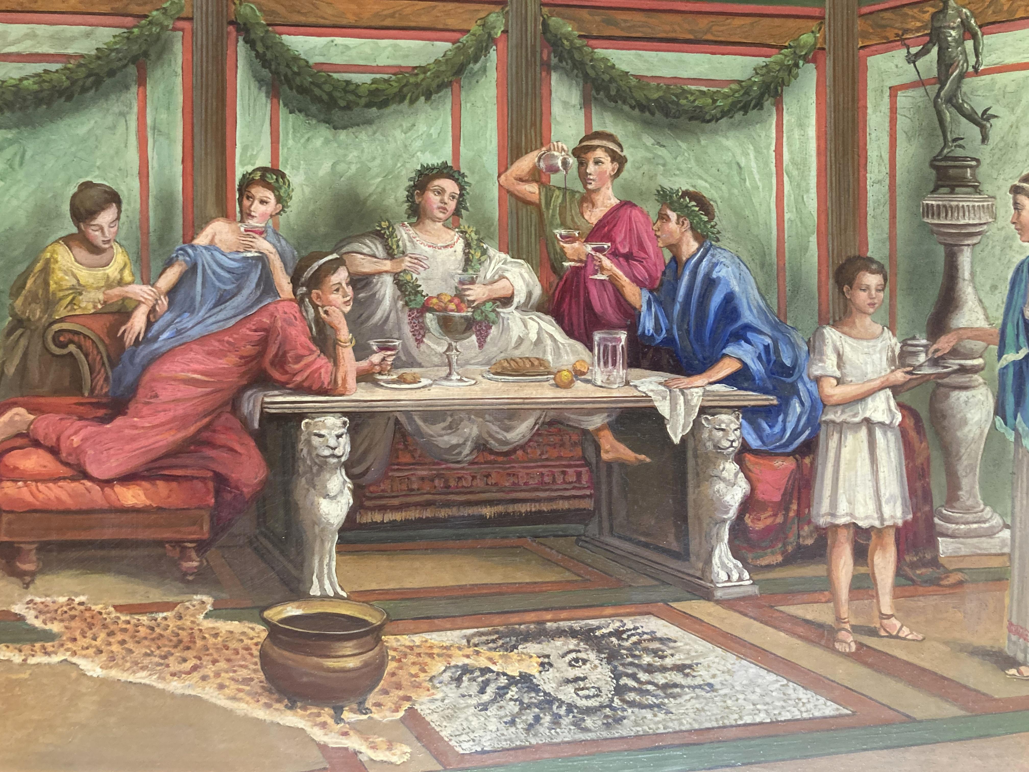 Italian 19th Century Oil on Alabaster Painting Pompeian Interior Scene in Ormolu For Sale 9