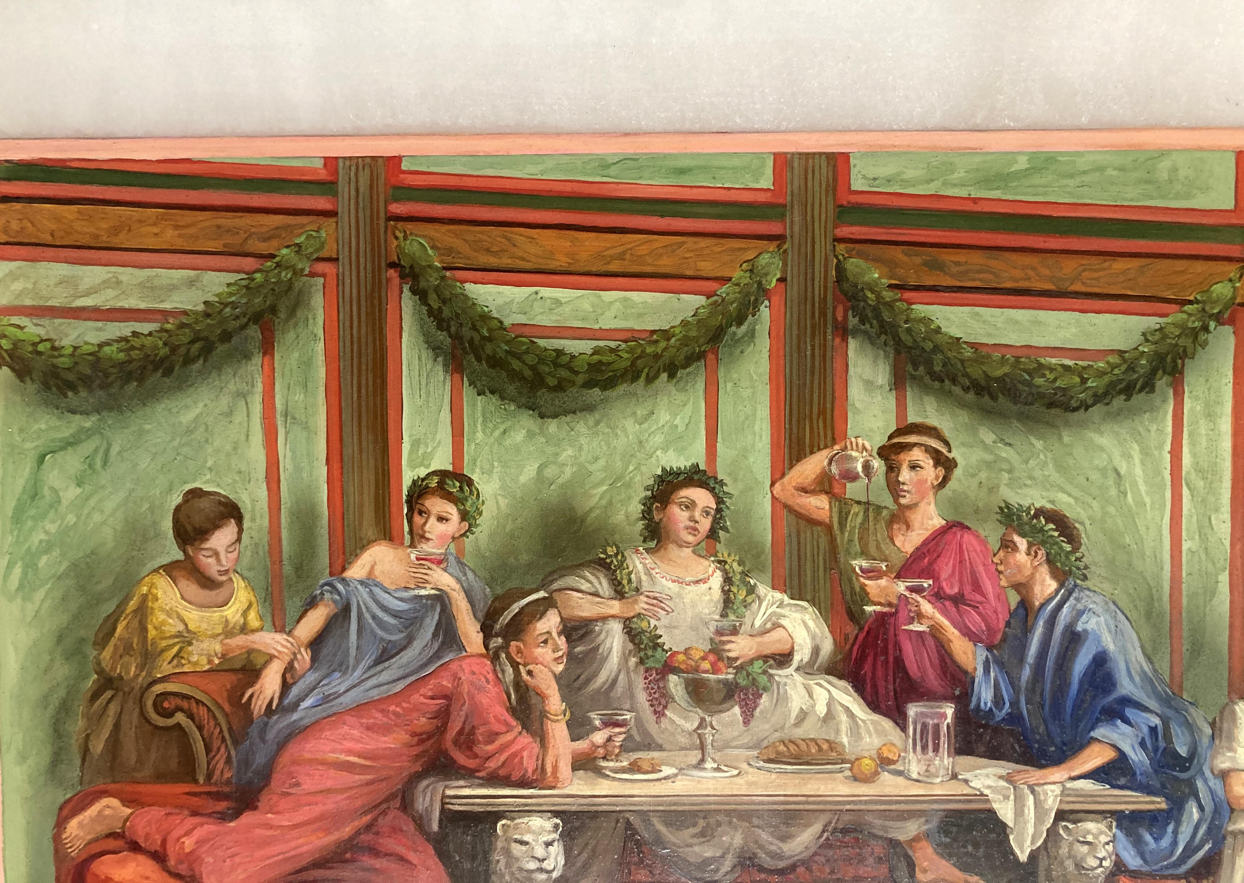 Italian 19th Century Oil on Alabaster Painting Pompeian Interior Scene in Ormolu For Sale 10