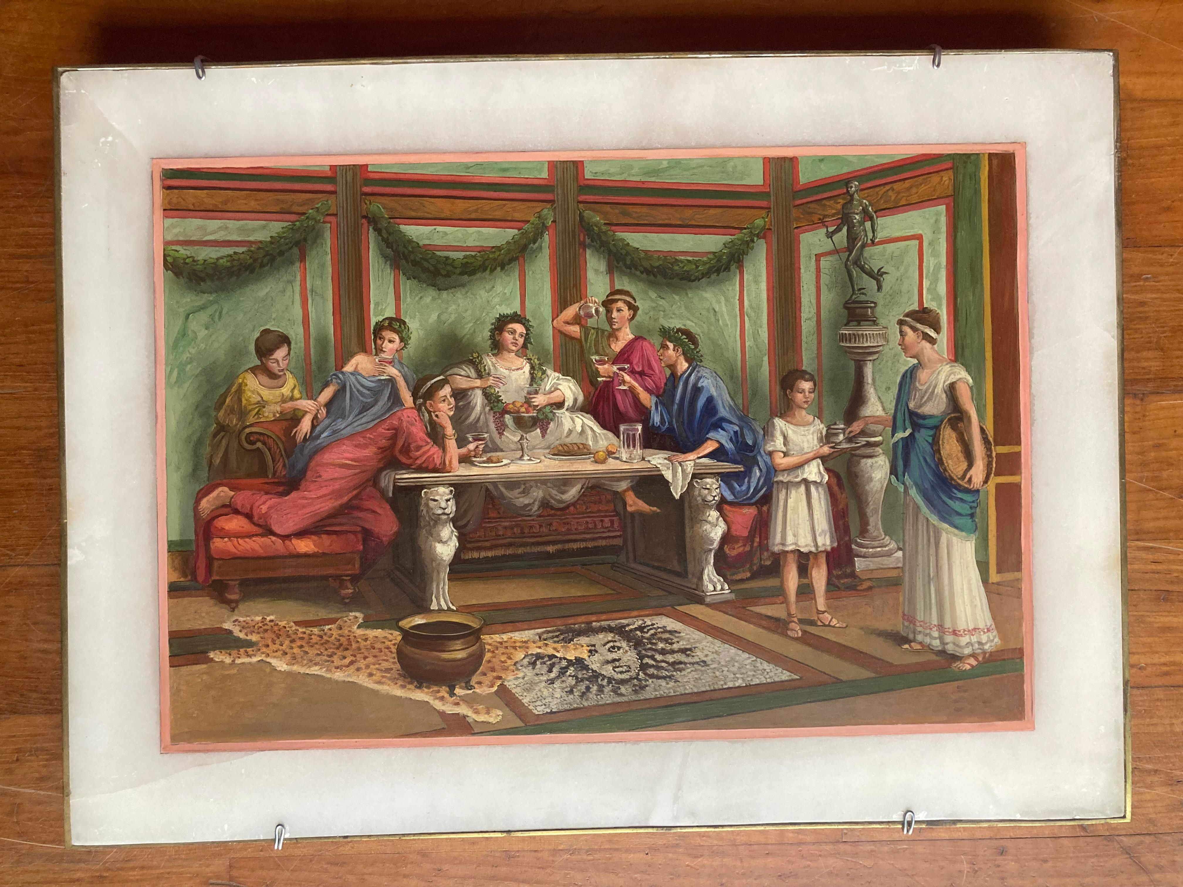 Italian 19th Century Oil on Alabaster Painting Pompeian Interior Scene in Ormolu For Sale 3