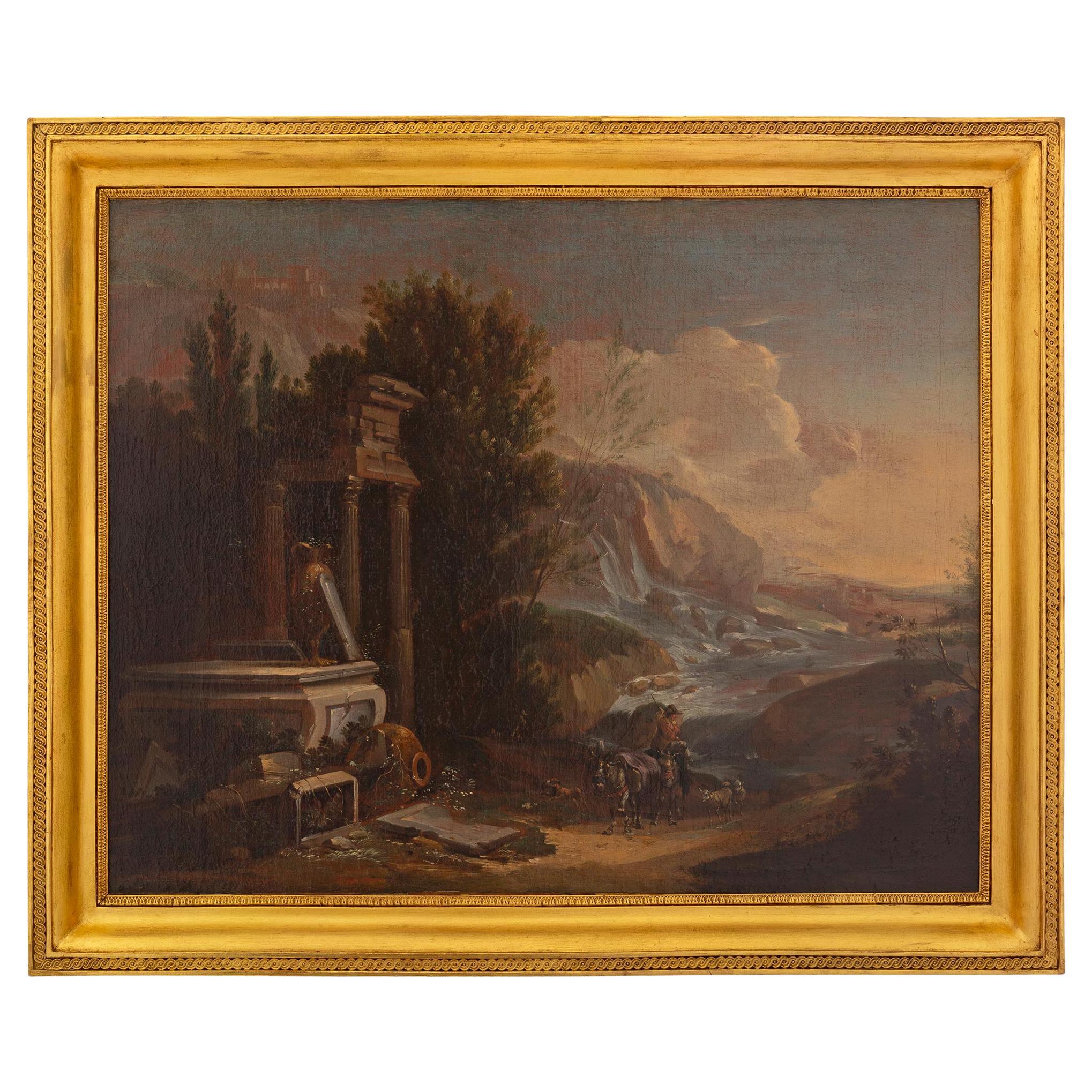 Peinture à l'huile sur toile italienne du XIXe siècle dans son cadre d'origine en bois doré