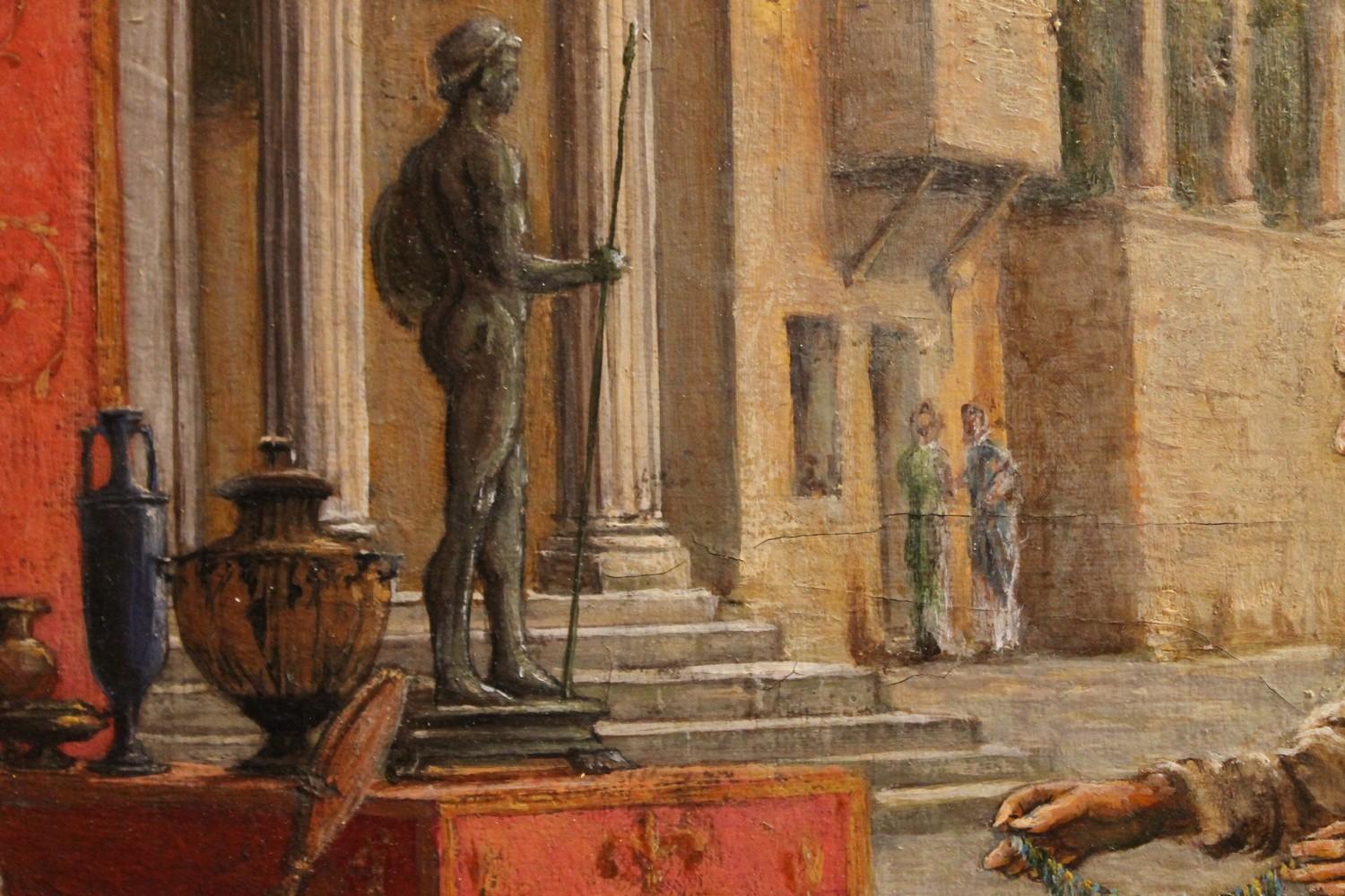 Italian 19th Century Oil on Canvas Painting Neoclassical Pompeian Interior Scene 11
