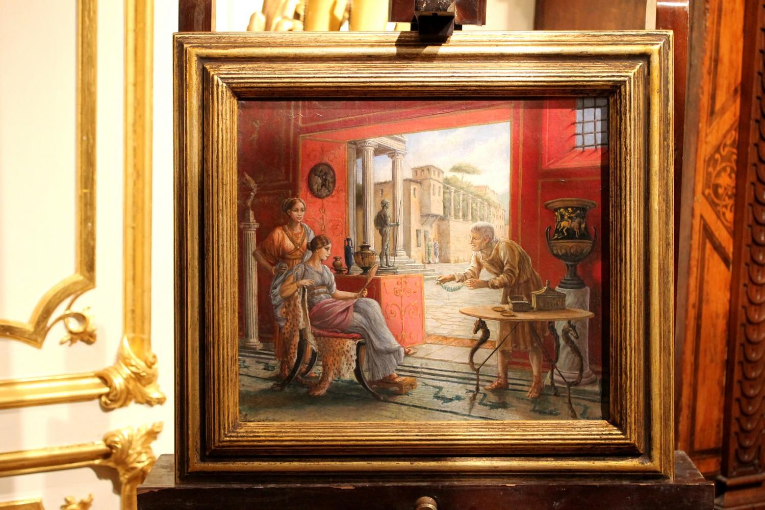 Italian 19th Century Oil on Canvas Painting Neoclassical Pompeian Interior Scene 12