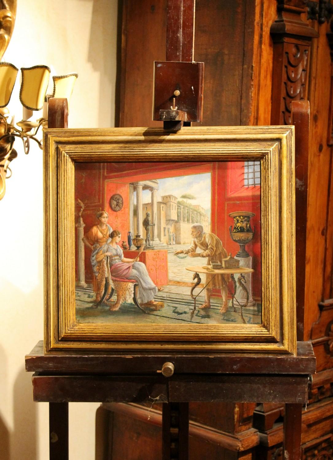 Italian 19th century oil on canvas painting neoclassical Pompeian interior scene
This pleasant turn of the century (late 19th century-early 20th century) oil on canvas painting depicts a scene of an opulent interior in full ancient neoclassical