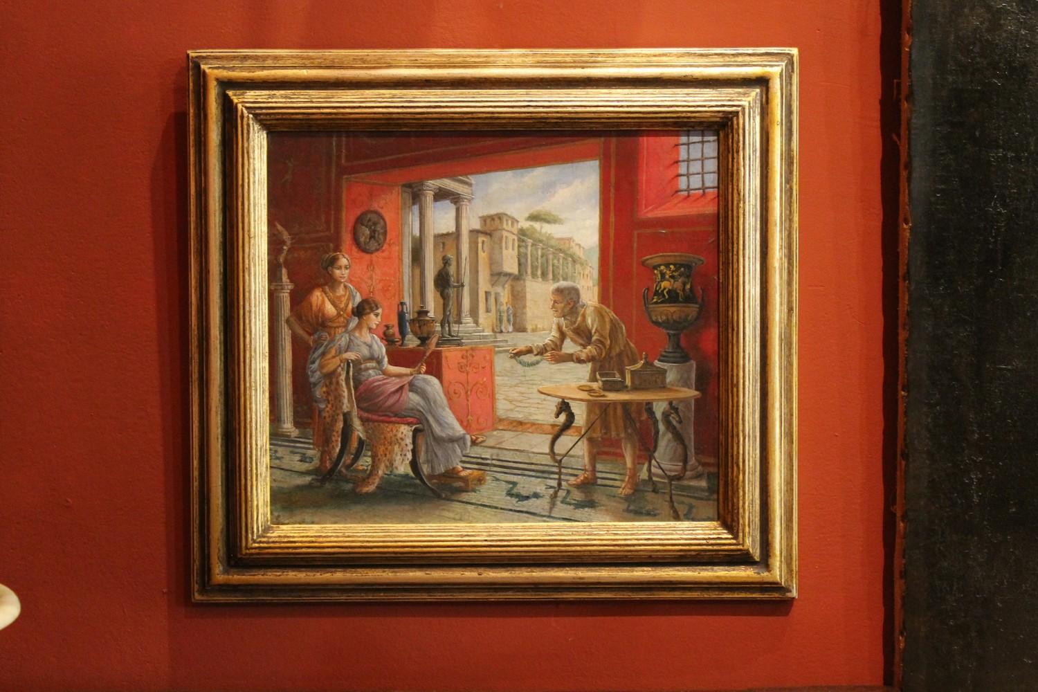 Italian 19th Century Oil on Canvas Painting Neoclassical Pompeian Interior Scene In Good Condition In Firenze, IT