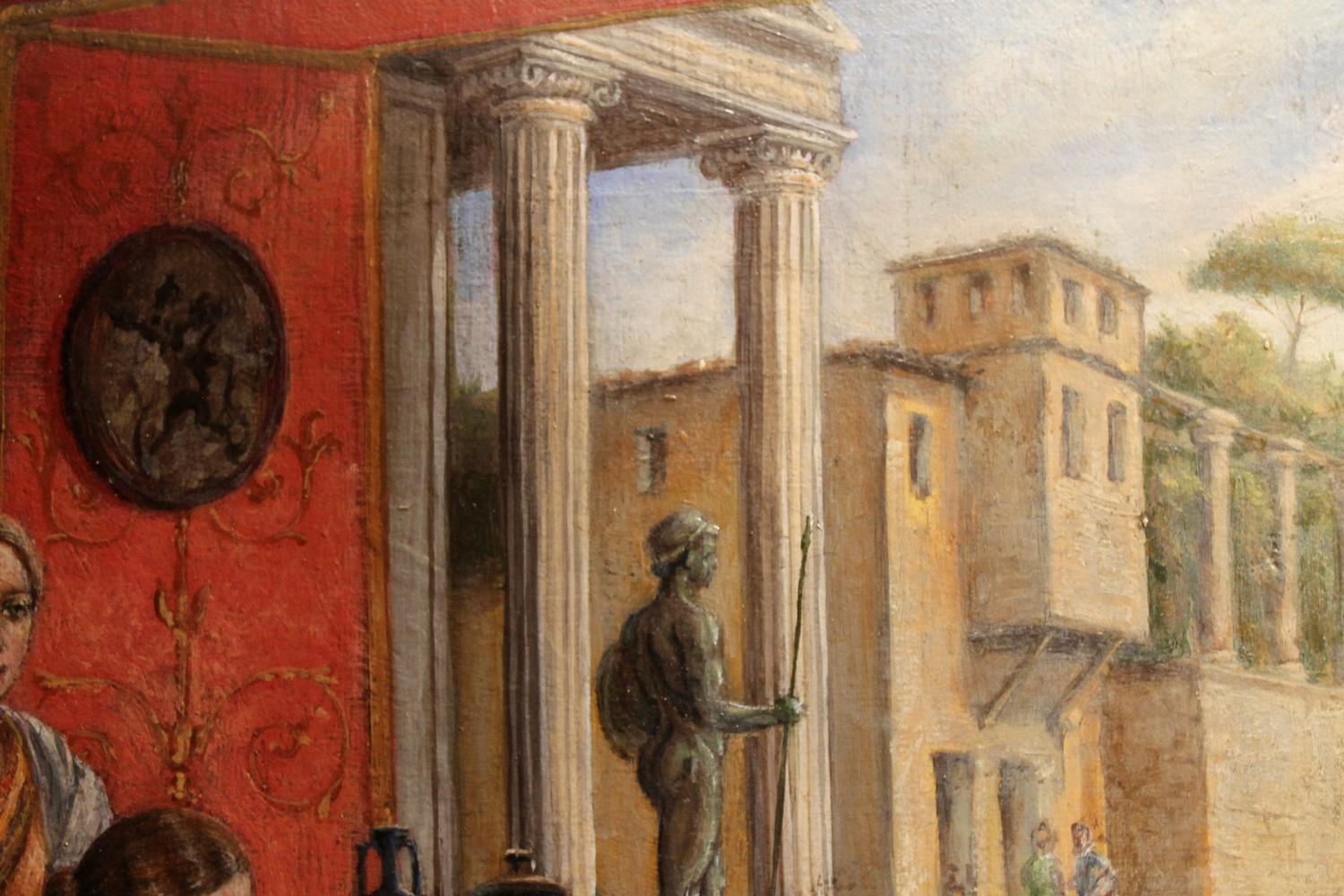 Italian 19th Century Oil on Canvas Painting Neoclassical Pompeian Interior Scene 2