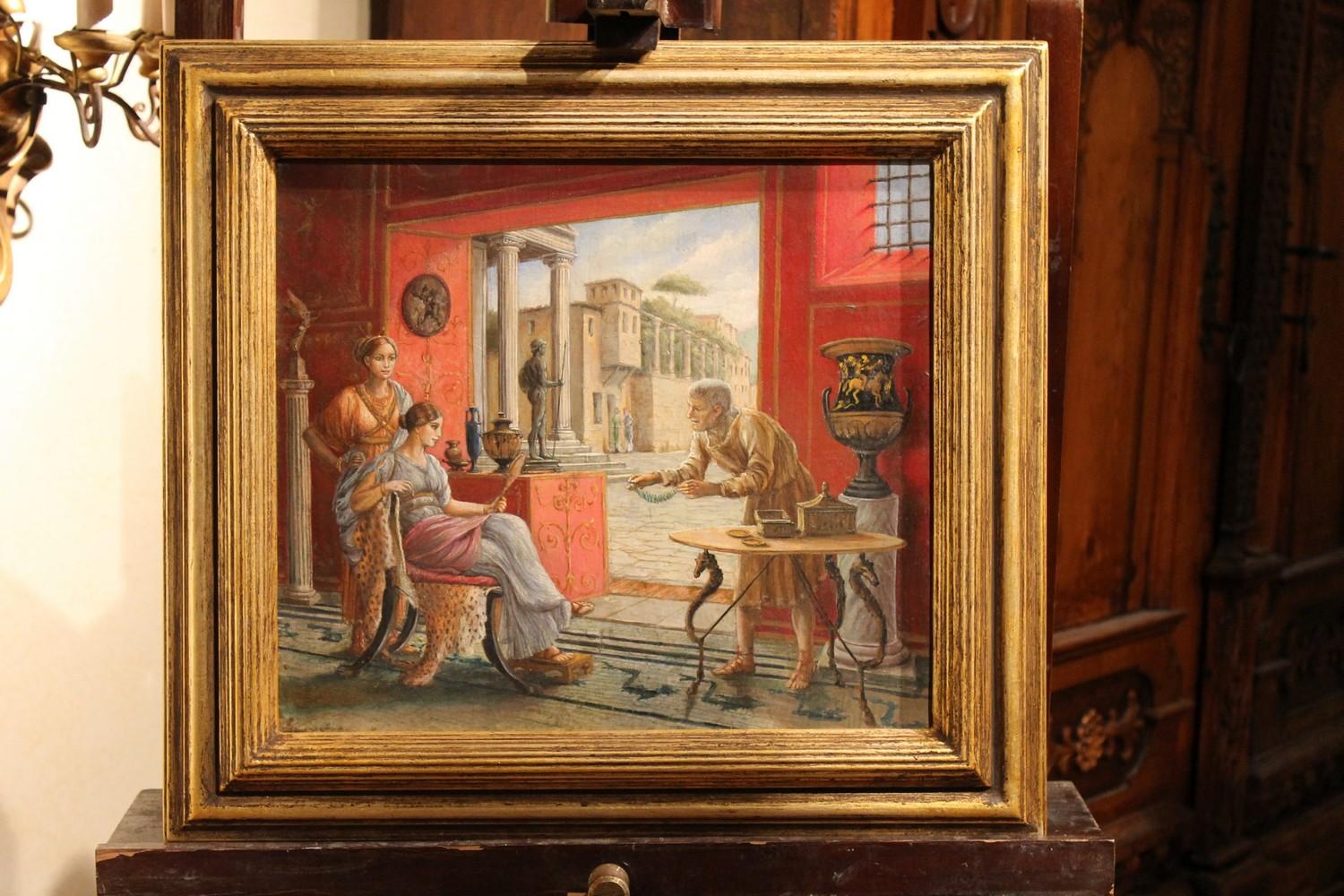 Italian 19th Century Oil on Canvas Painting Neoclassical Pompeian Interior Scene 4