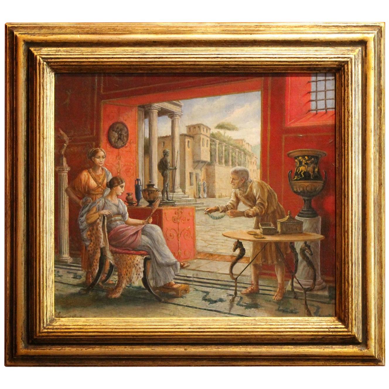 Italian 19th Century Oil on Canvas Painting Neoclassical Pompeian Interior Scene