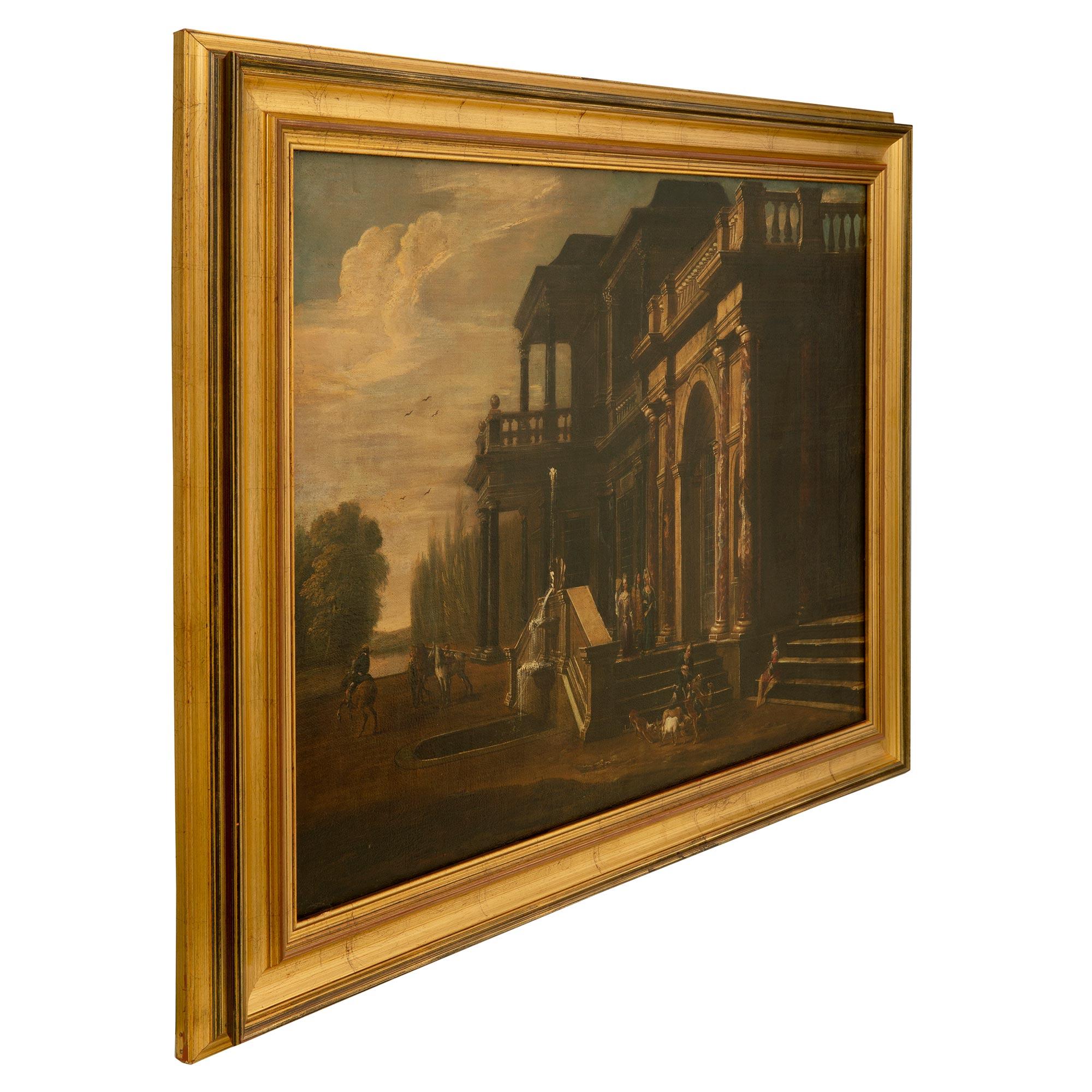 Un óleo sobre lienzo italiano del siglo XIX, muy atractivo y exquisitamente ejecutado, que representa una hermosa casa de campo. El cuadro está enmarcado en un elegantísimo marco de madera dorada con un fino diseño moteado y representa un exquisito