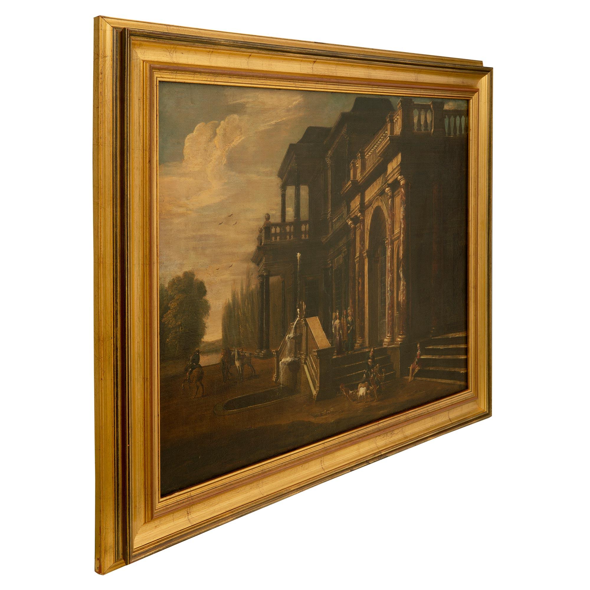 A most attractive and exquisitely executed Italian 19th century oil on canvas painting of a beautiful country estate. The painting is set within a most elegant giltwood frame with a fine mottled design and depicts an an exquisite palazzo with grand