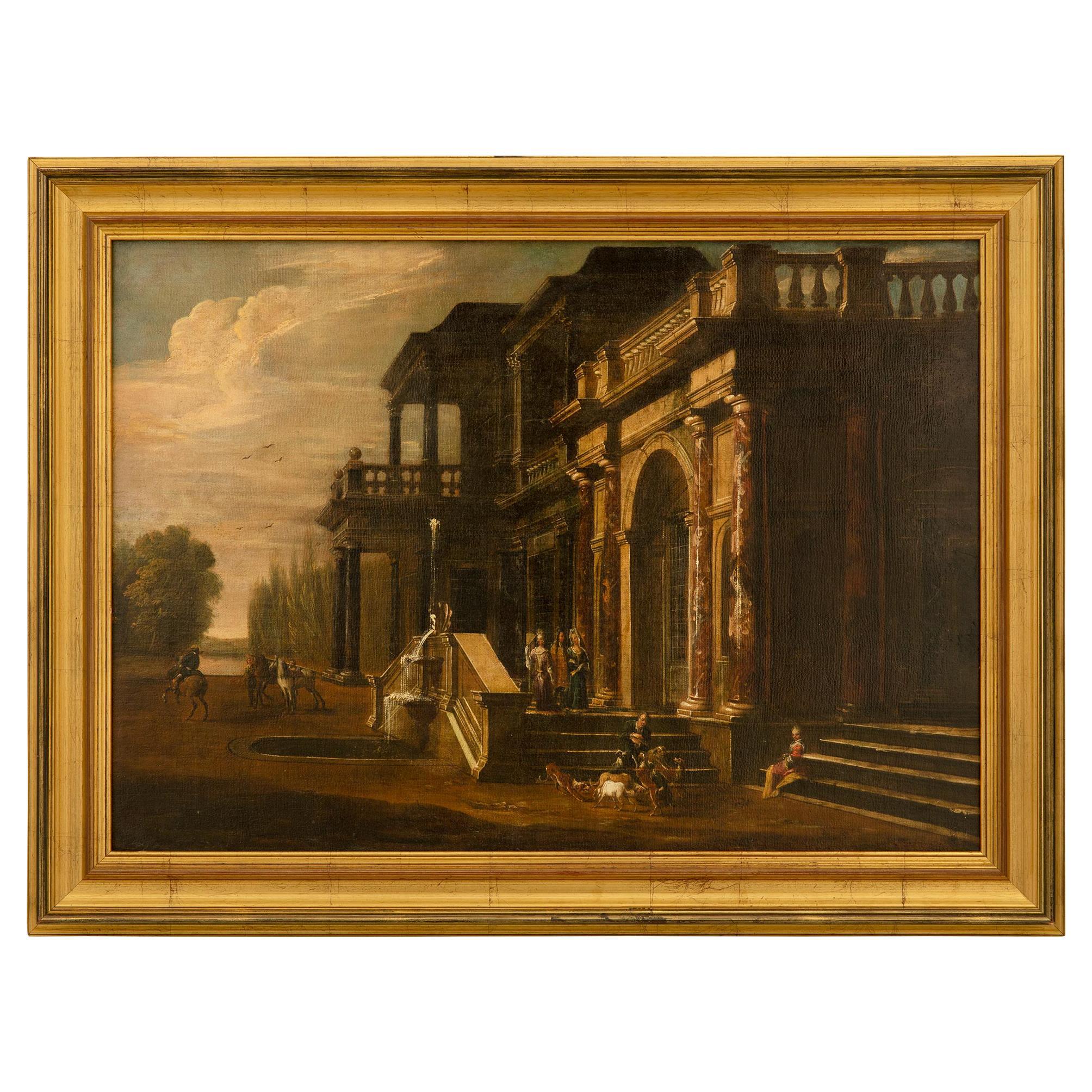Pintura italiana al óleo sobre lienzo del siglo XIX de una hermosa finca rústica en venta