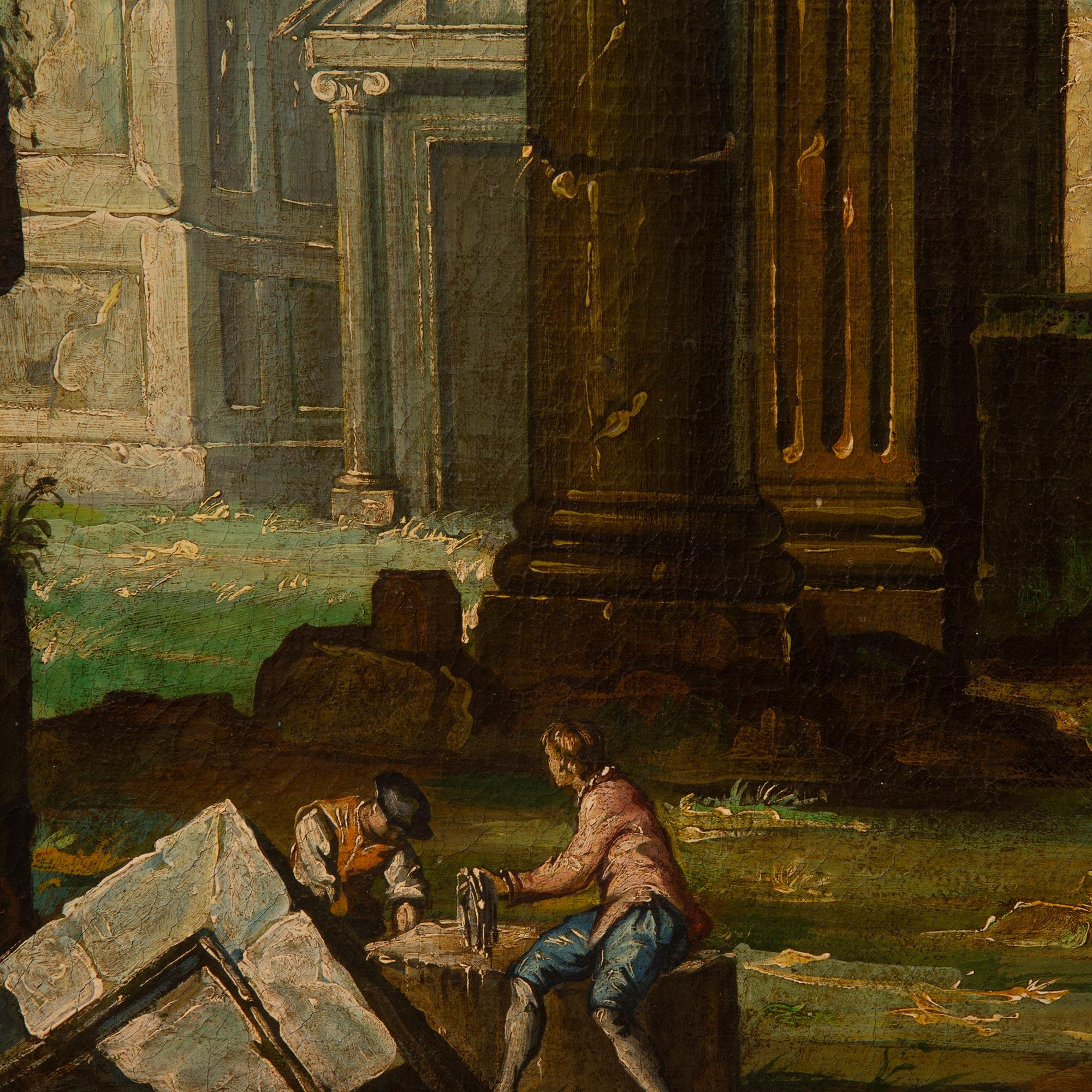 Toile Huile sur toile italienne du XIXe siècle représentant des ruines et des personnages en vente