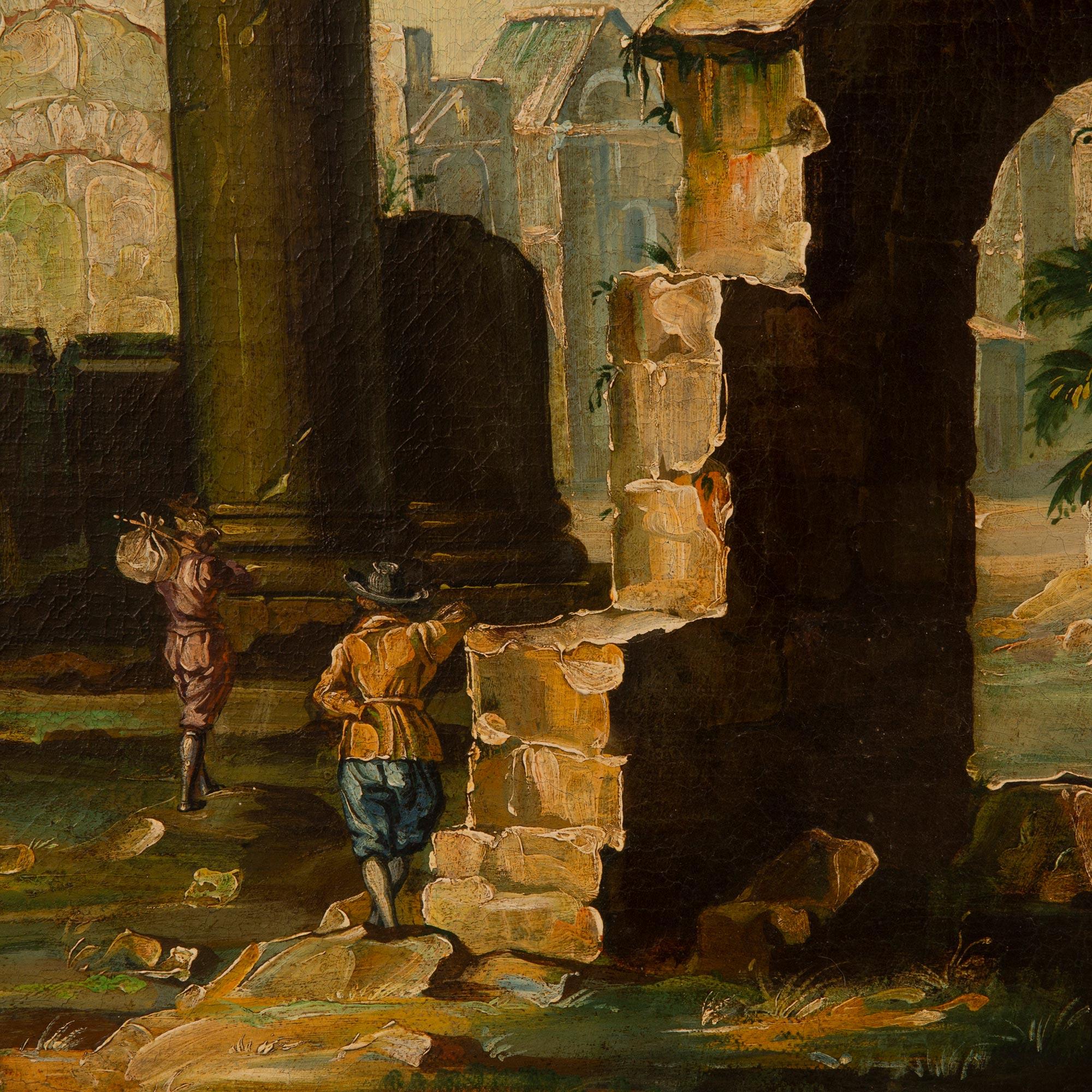 Huile sur toile italienne du XIXe siècle représentant des ruines et des personnages en vente 1