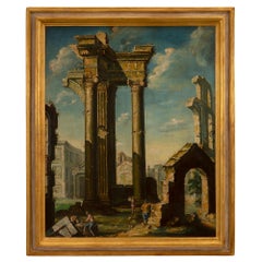 Italian 19th Century Oil on Canvas Painting of Ruins and Figures