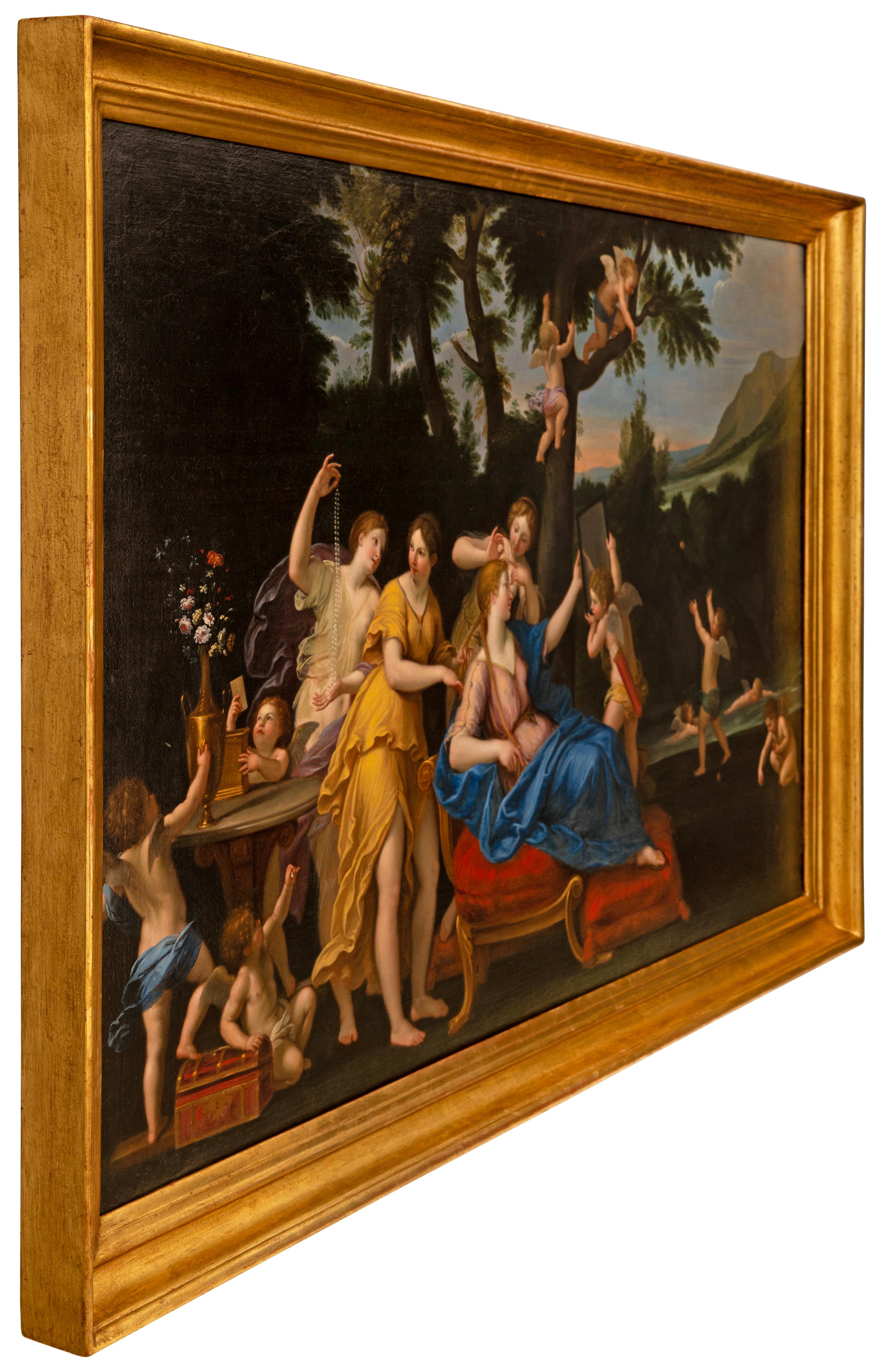 Oiled Italian 19th century Oil on Canvas painting of the Bathing of Venus For Sale