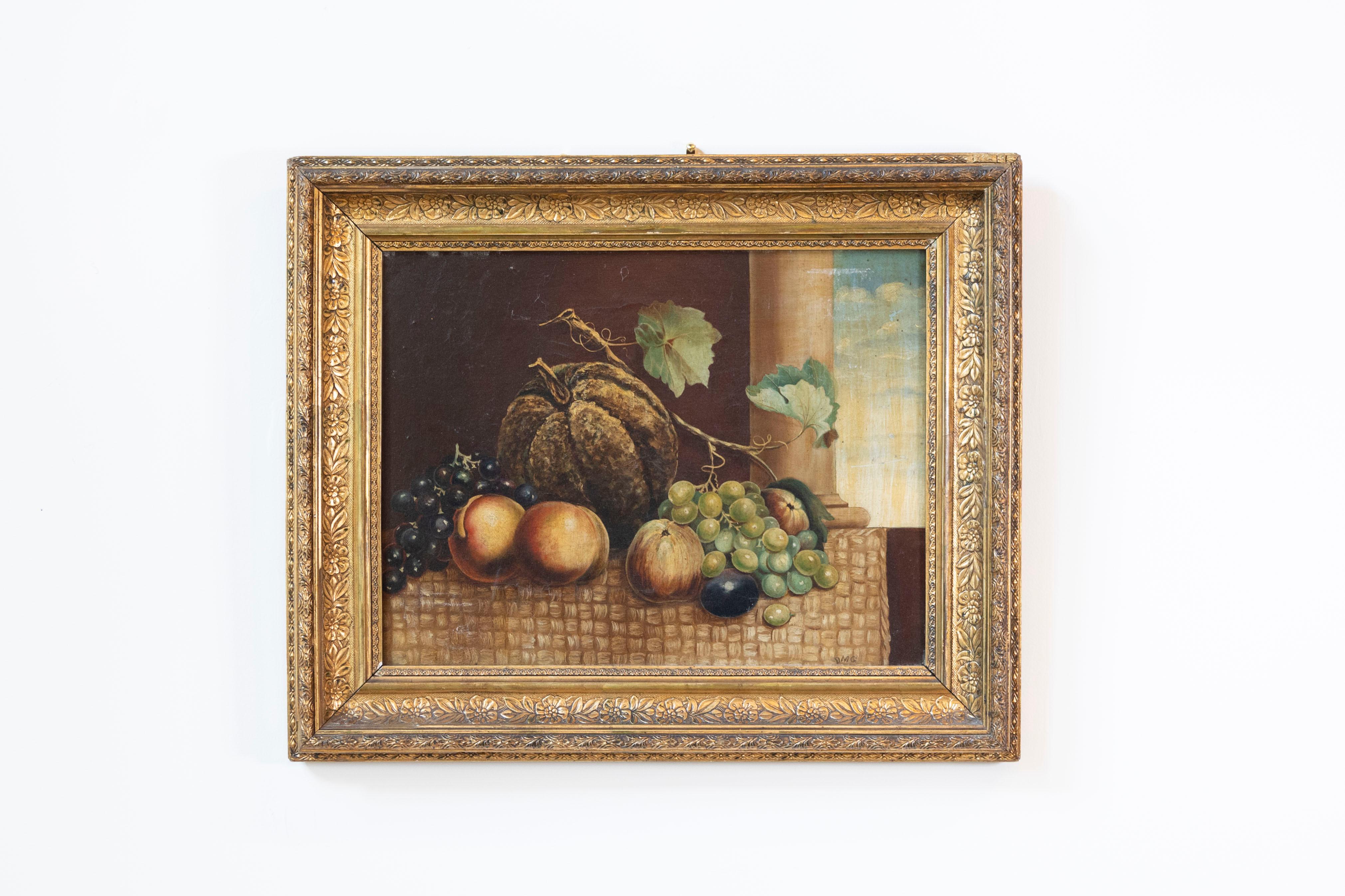 An Italian oil on canvas still life painting from the 19th century depicting fruits in front of a column and an open sky, in giltwood frame. Created in Italy during the 19th century, this oil on canvas still life painting depicts a delicate
