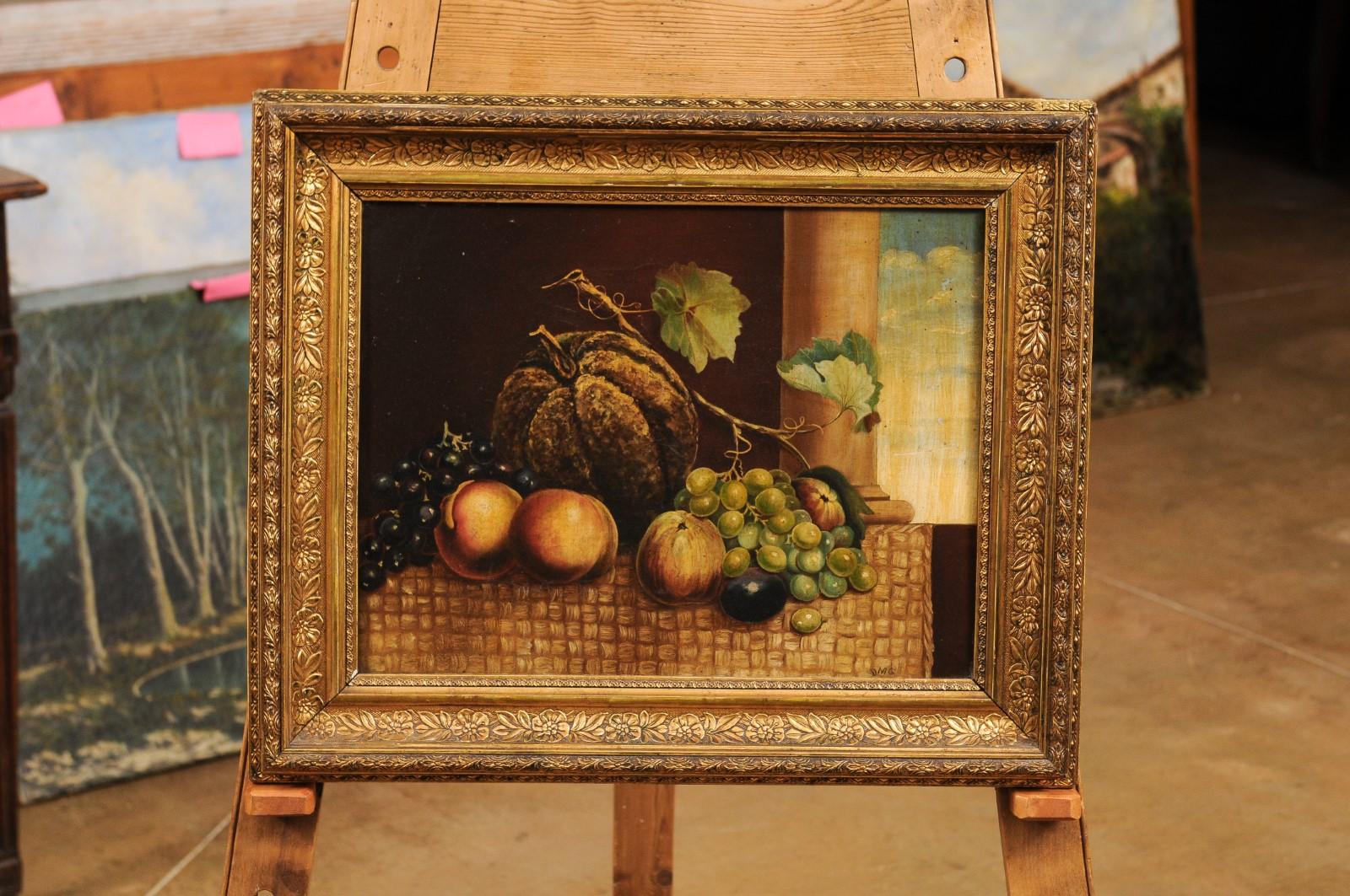 Carved Italian 19th Century Oil on Canvas Still Life Painting Depicting Fruits For Sale