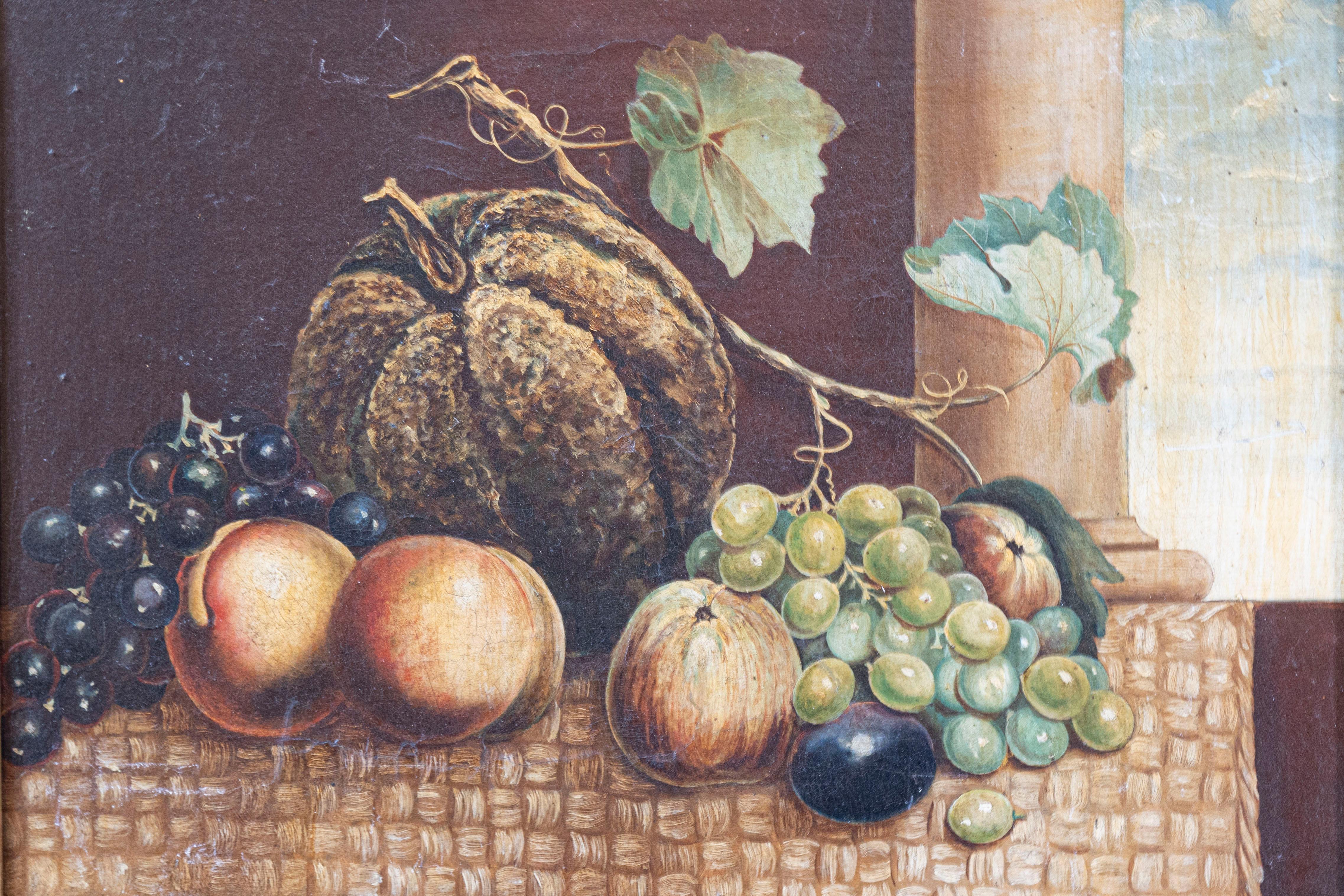 Carved Italian 19th Century Oil on Canvas Still Life Painting Depicting Fruits For Sale