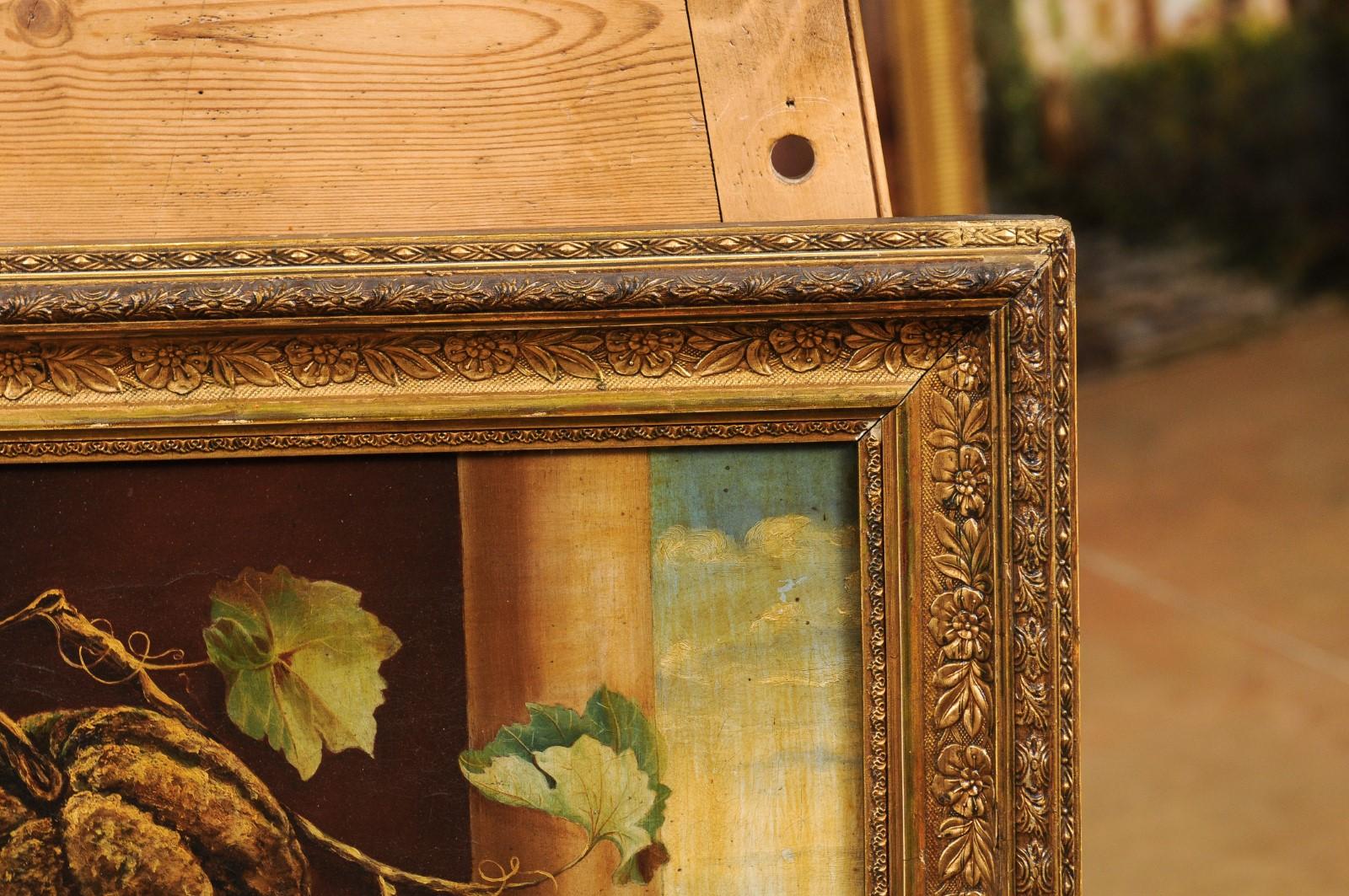 Italienisches Stillleben aus dem 19. Jahrhundert, Öl auf Leinwand, Gemälde mit Obstdarstellung (Vergoldetes Holz) im Angebot
