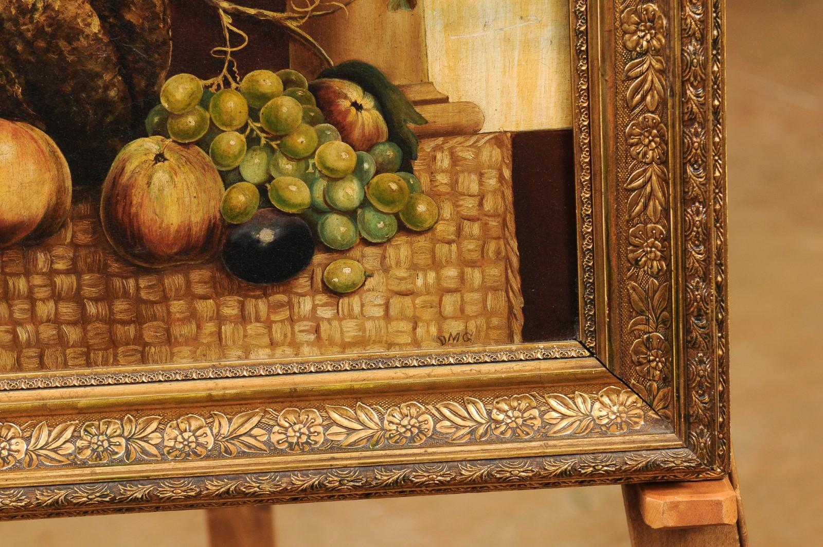 Bois doré Nature morte italienne du 19e siècle à l'huile sur toile représentant des fruits en vente