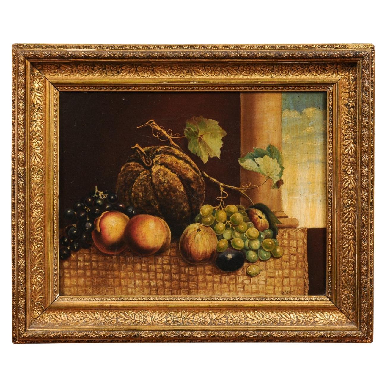 Nature morte italienne du 19e siècle à l'huile sur toile représentant des fruits