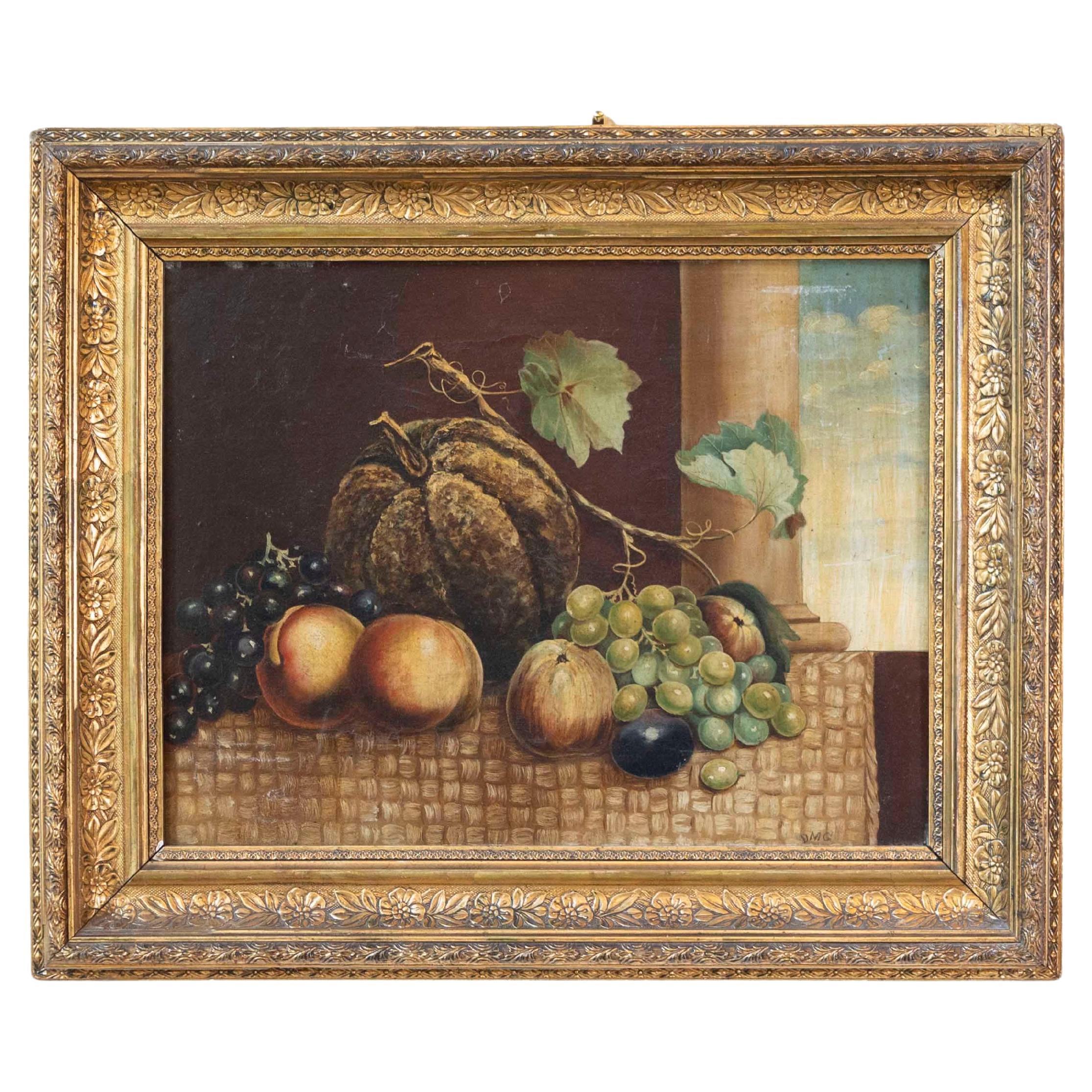 Italian 19th Century Oil on Canvas Still Life Painting Depicting Fruits
