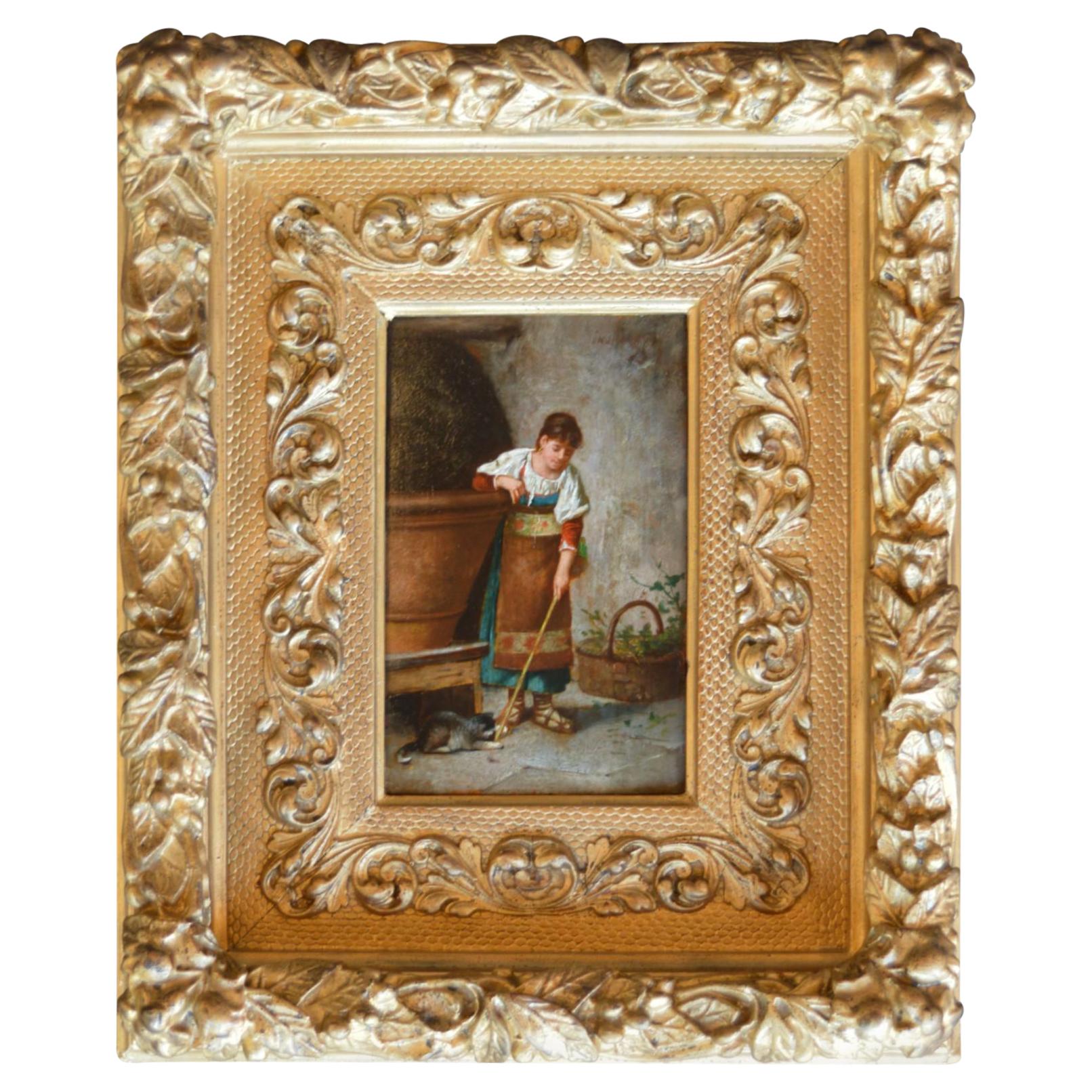 Peinture à l'huile italienne du XIXe siècle sur panneau, fille et chat, cadre d'origine en vente