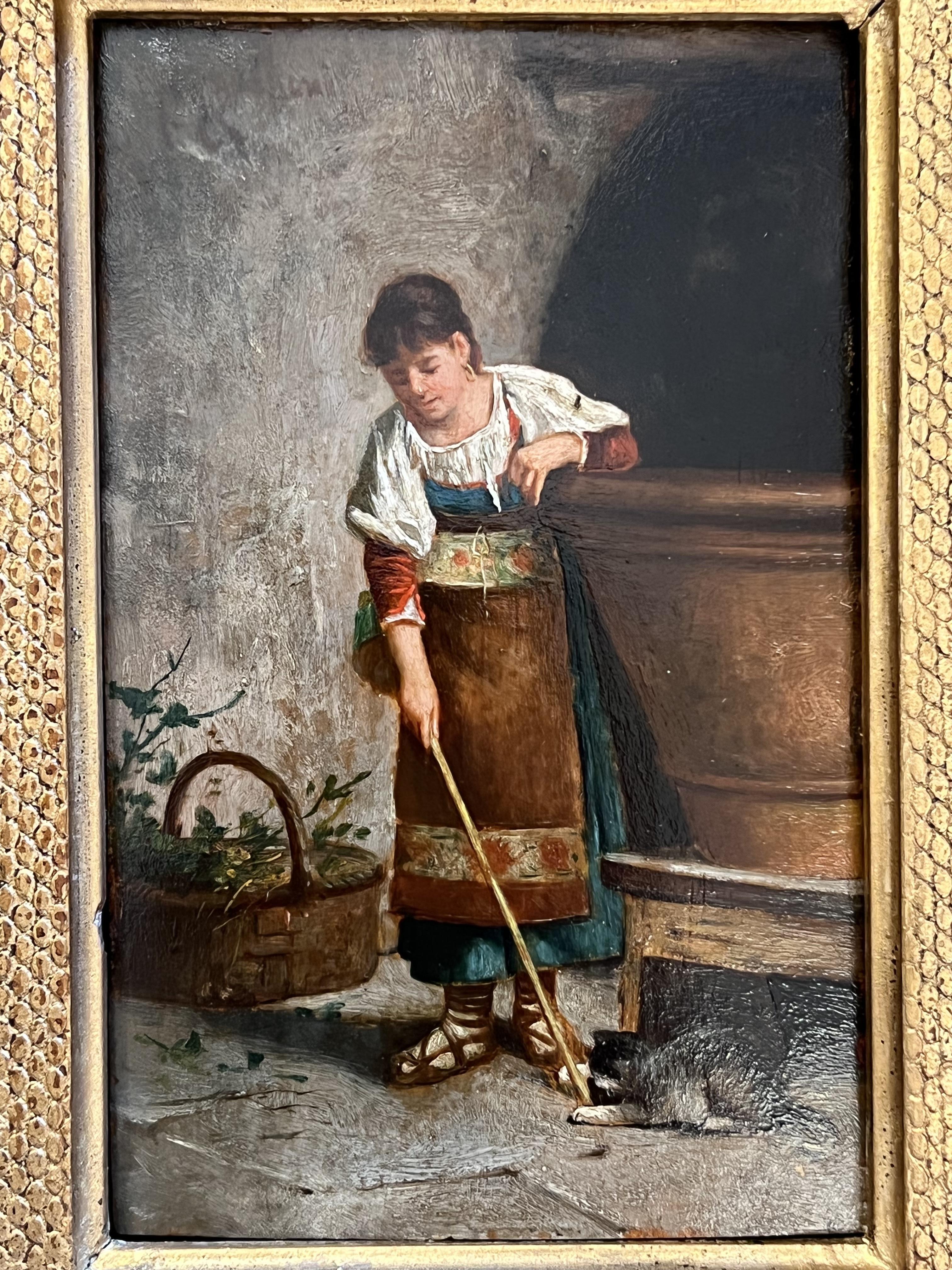 Peinture à l'huile italienne du XIXe siècle sur panneau, fille et chat, cadre d'origine en vente 2