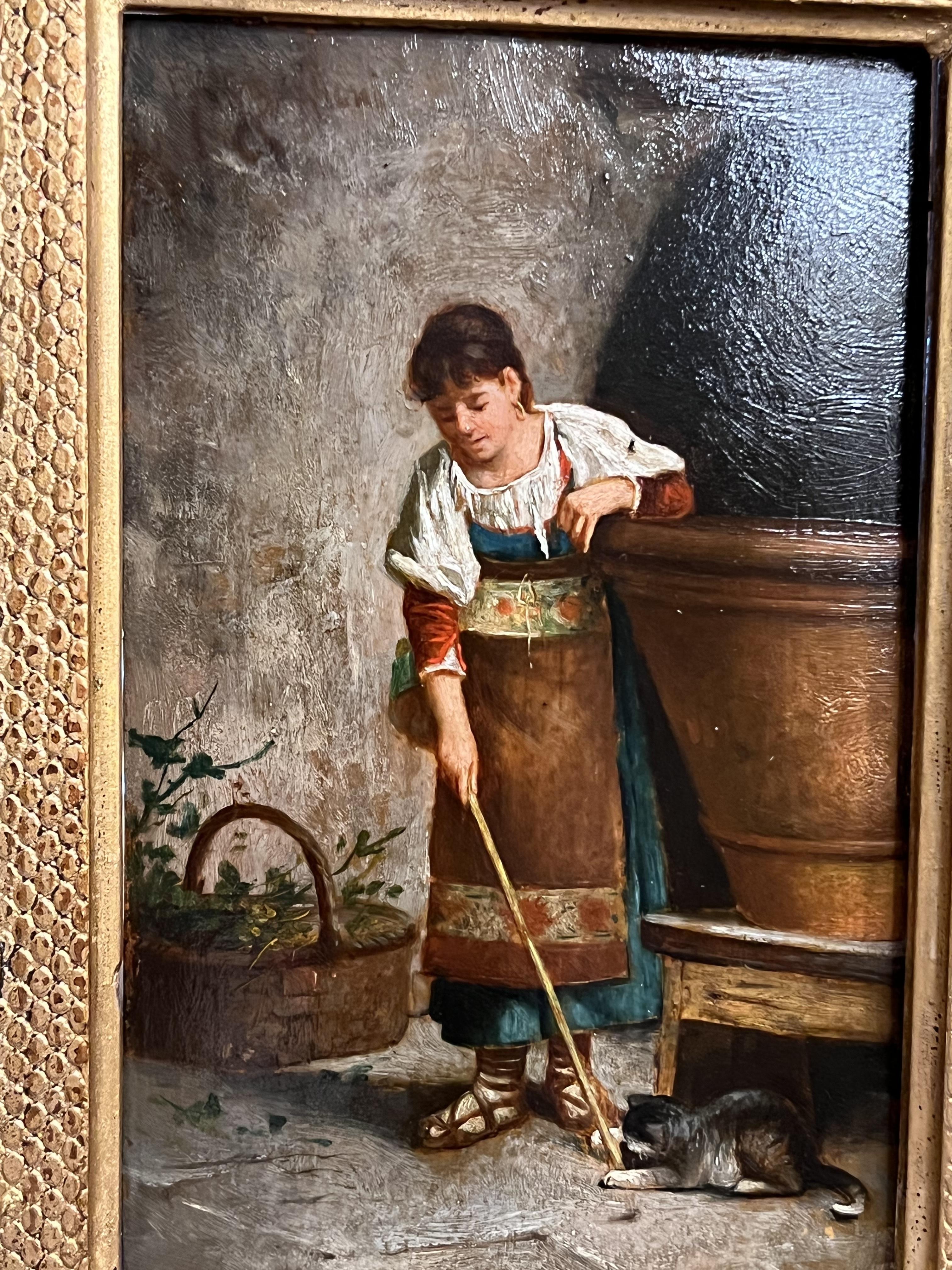 Peinture à l'huile italienne du XIXe siècle sur panneau, fille et chat, cadre d'origine en vente 3