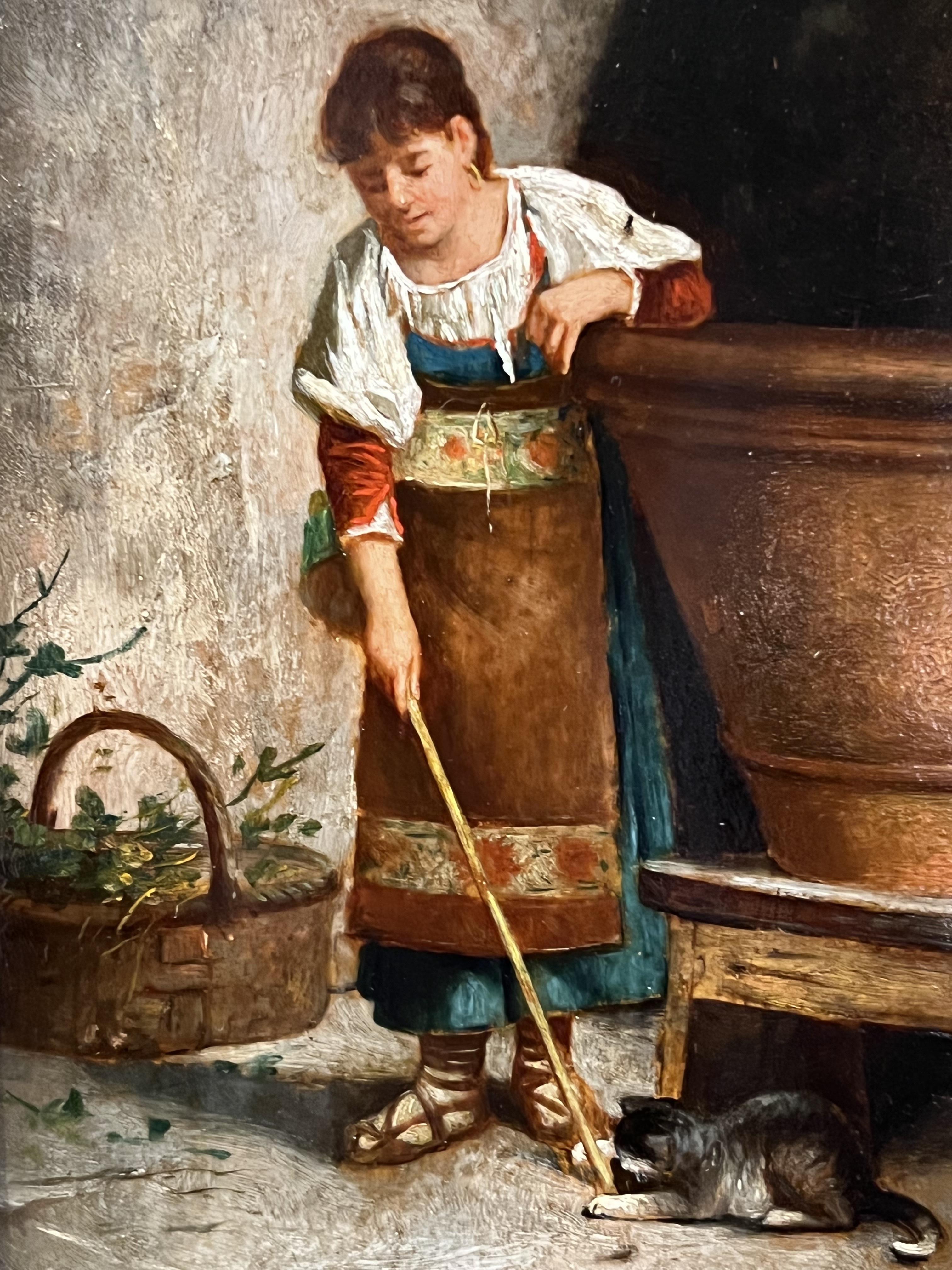 Peinture à l'huile italienne du XIXe siècle sur panneau, fille et chat, cadre d'origine en vente 4