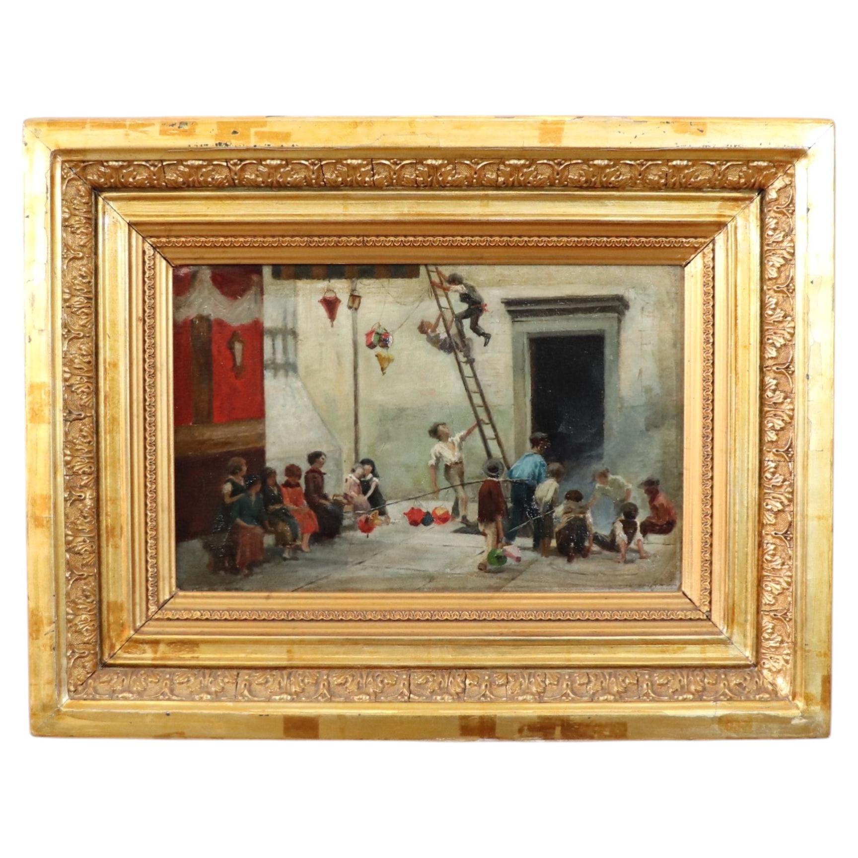 Italienisches Ölgemälde auf Leinwand aus dem 19. Jahrhundert, Spielende Kinder