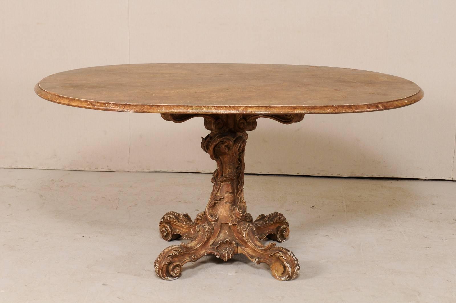 Italian 19th Century Oval Pedestal Table with Carved Wood Base in Warm Hues In Good Condition In Atlanta, GA
