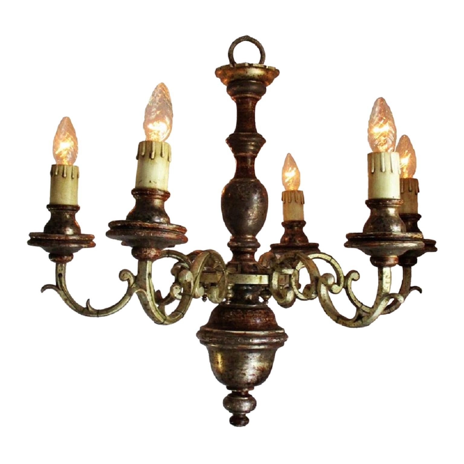 Rustic Italian 19th Century Painted Silver Gilt Iron 6-Arm Chandelier
