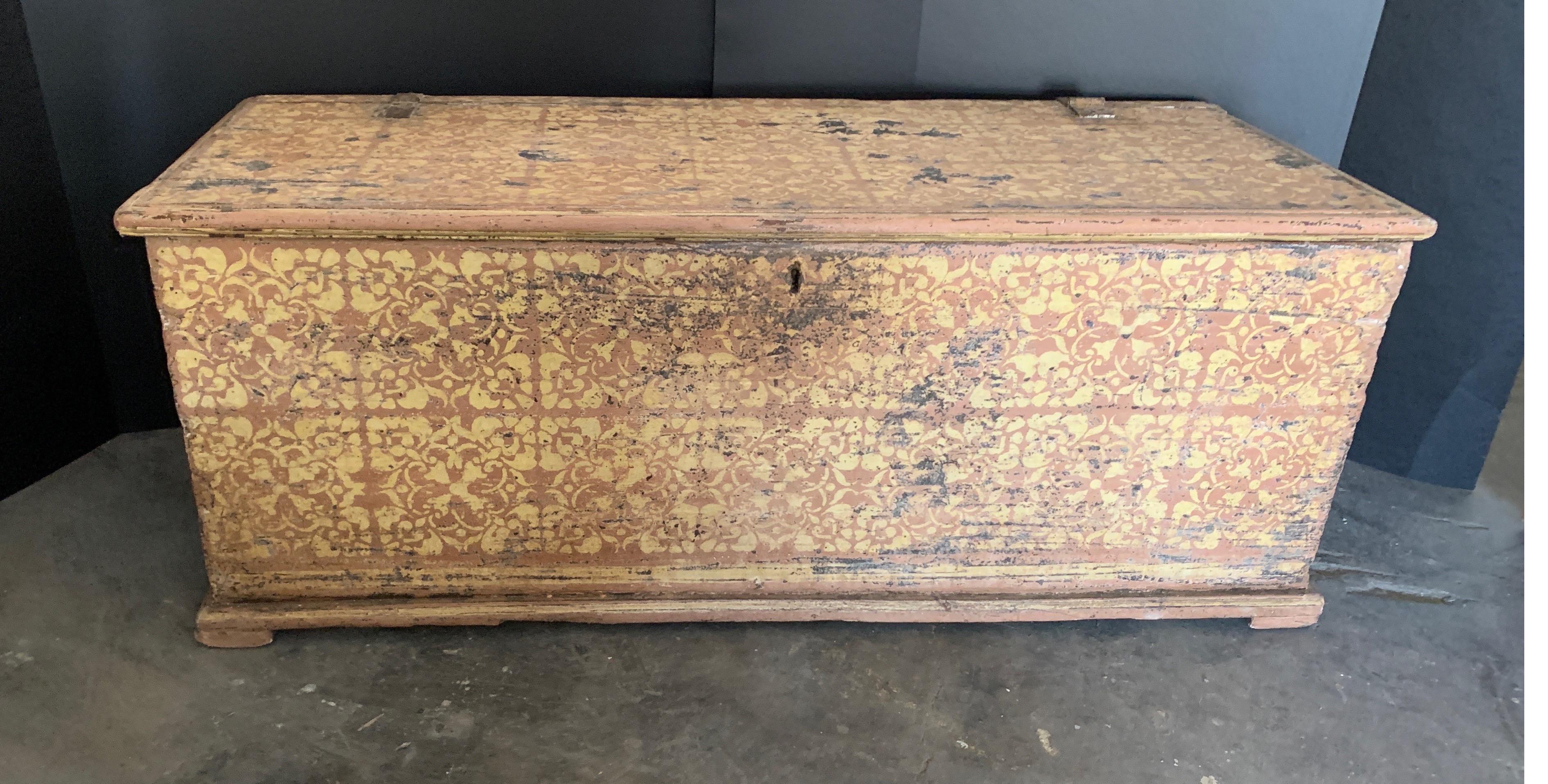 This trunk from Tuscany has a very nice Florentine motif painted on the exterior. It’s made of pine.