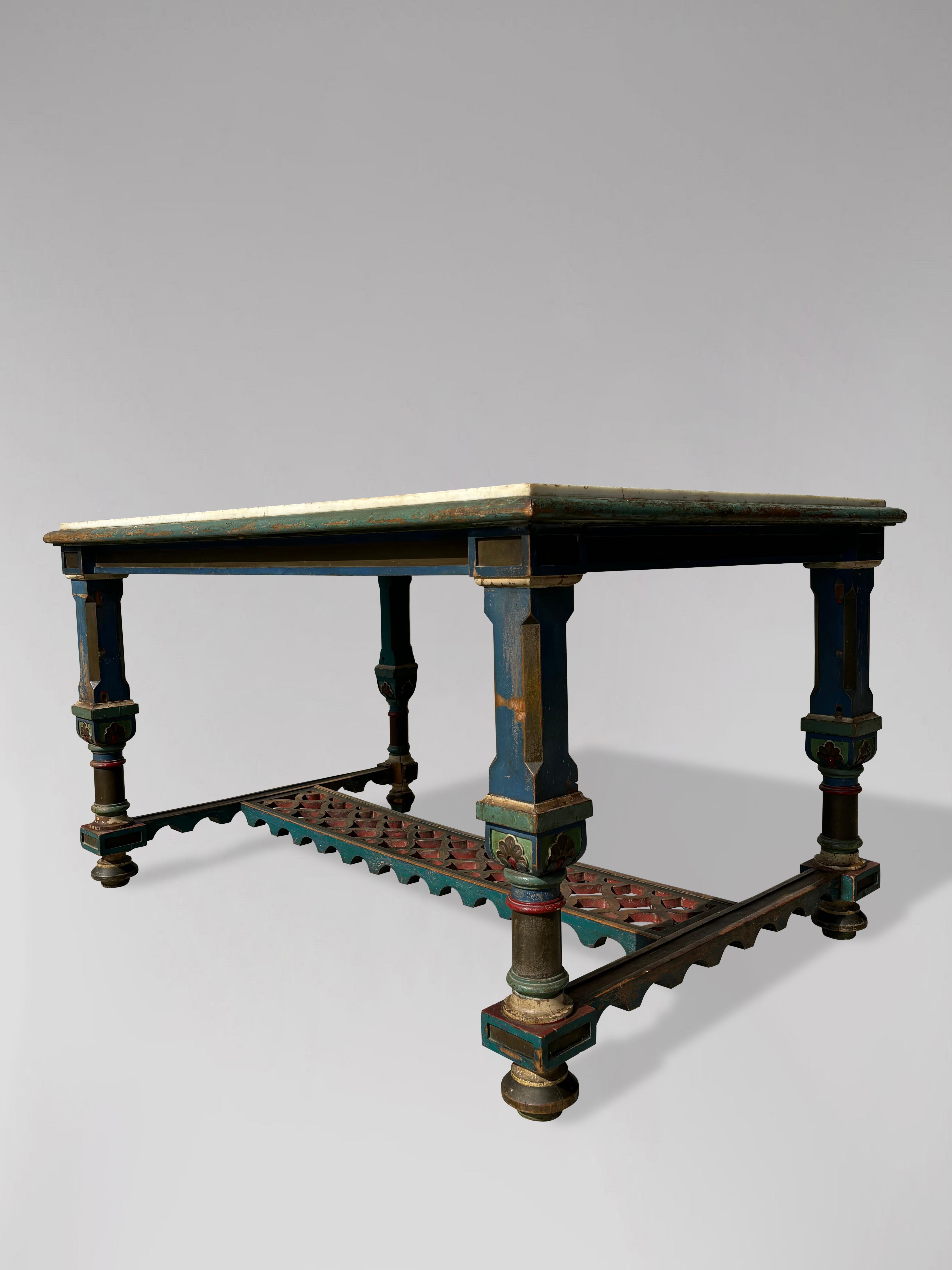 Italienischer Jagdtisch mit weißer Marmorplatte aus dem 19. Jahrhundert, bemalt, 1860 im Angebot 6