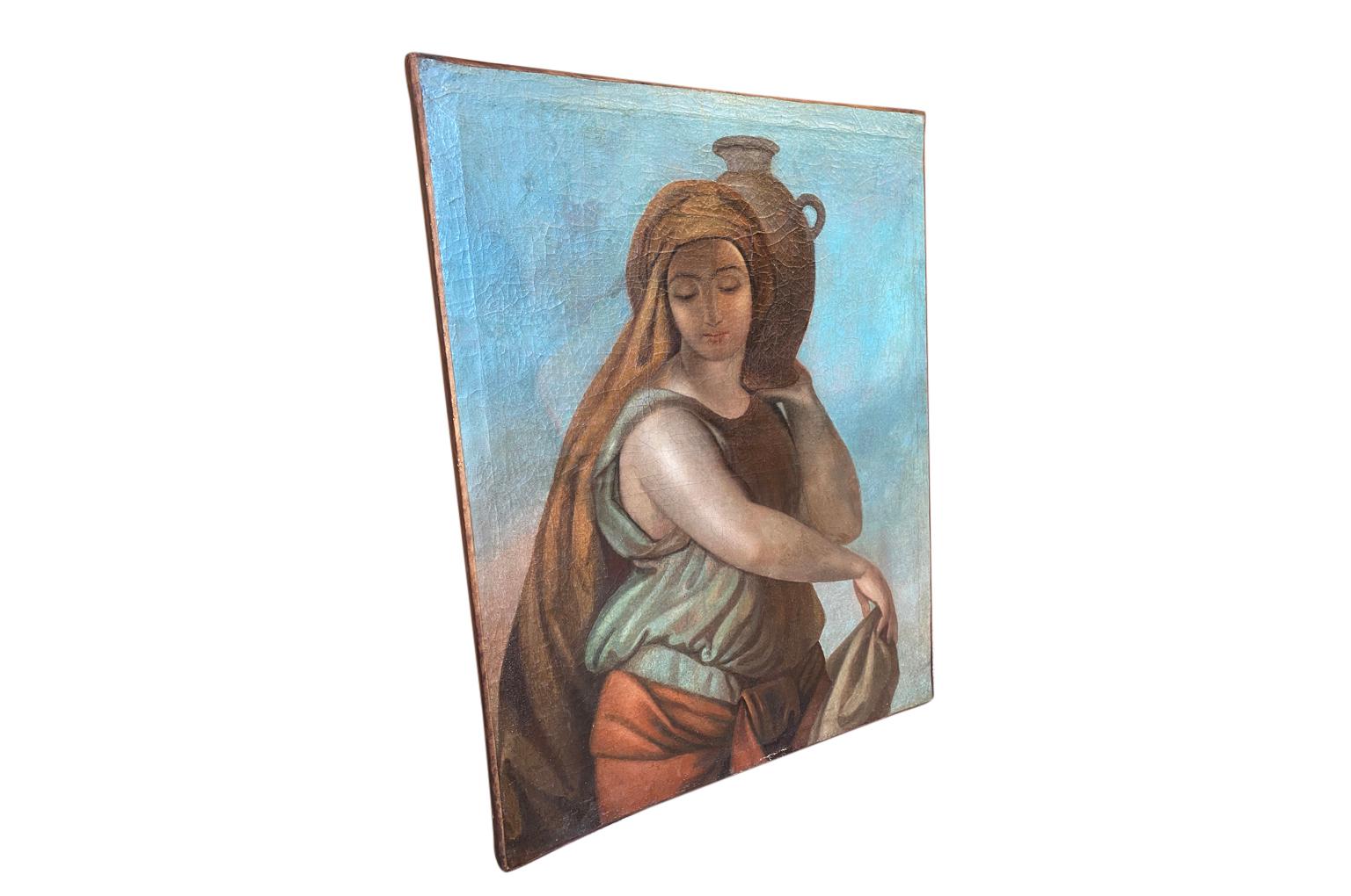 A very beautiful Sicilian 19th century oil on canvas painting of a very lovely Portuese D,eau - Water Carrier. Stunning color and texture.