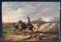Antique 19th Century Italian Oil Painting Man riding Pony Horse in Landscape