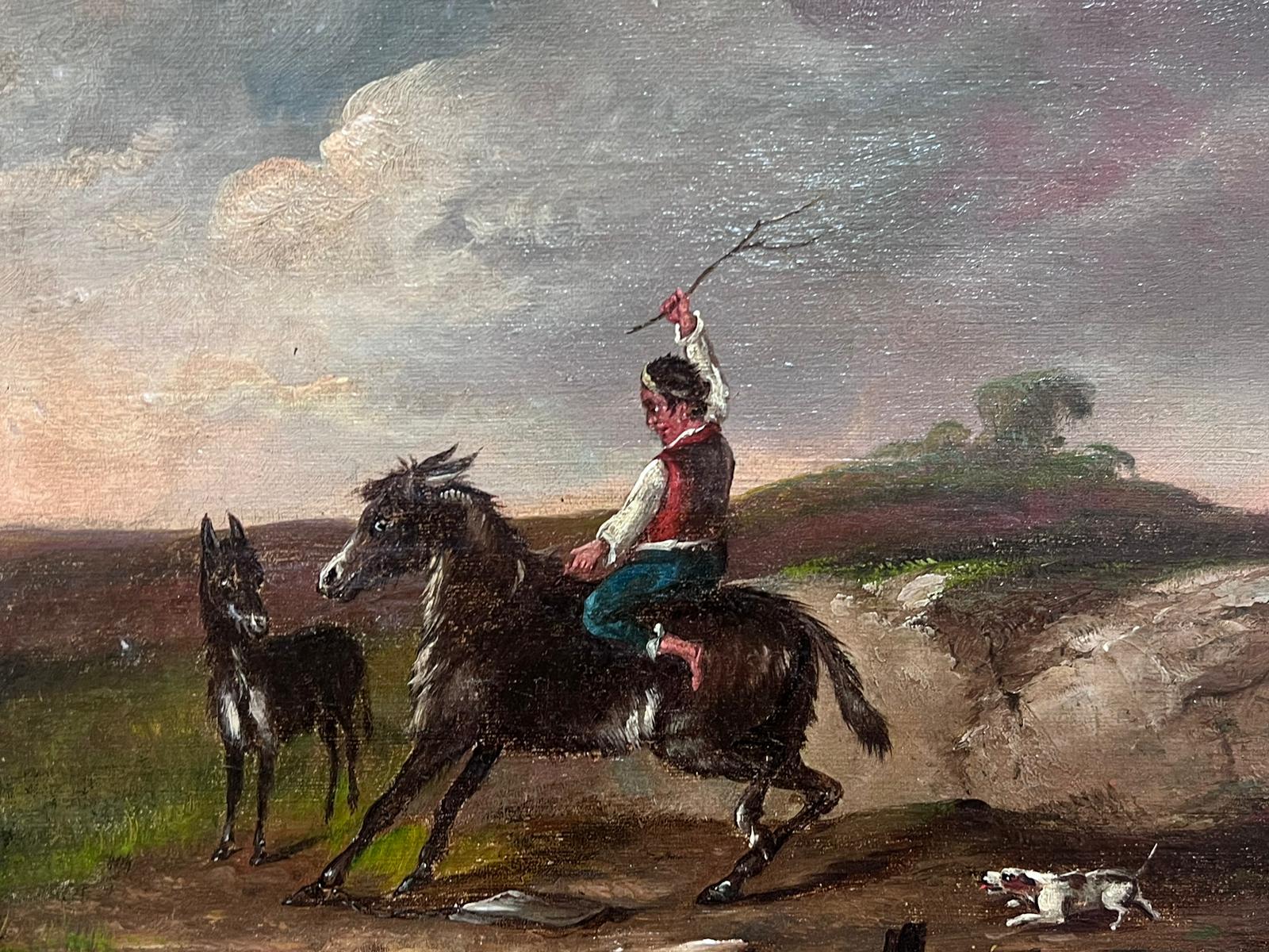 Antique 19th Century Italian Oil Painting Man riding Pony Horse in Landscape For Sale 1