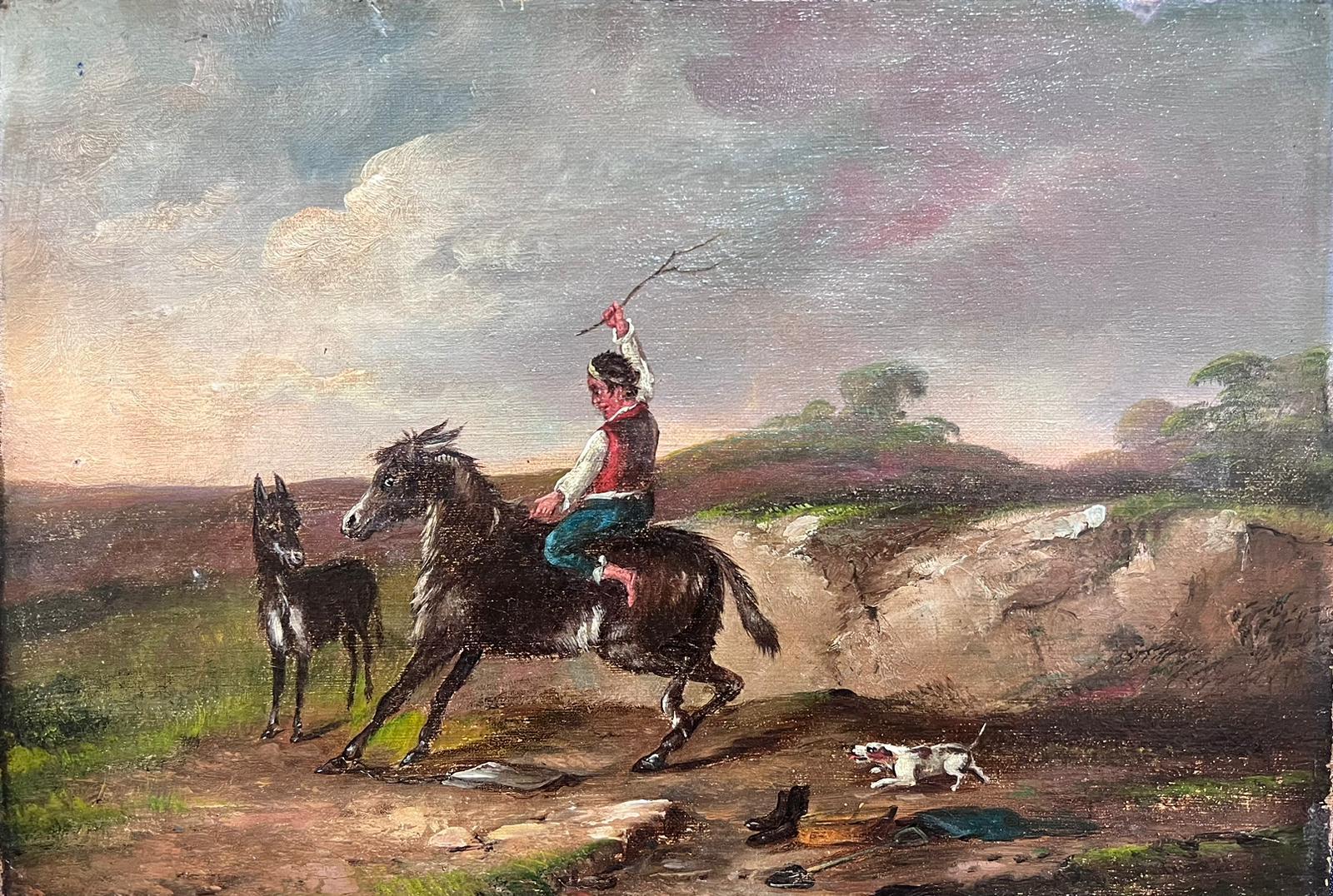 Ancienne peinture à l'huile italienne du 19ème siècle Homme à cheval sur un poney dans un paysage