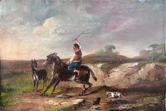 Retro 19th Century Italian Oil Painting Man riding Pony Horse in Landscape