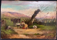 Antique Italian Oil Painting on Canvas Milk Maid with Goats, Donkey in Landscape