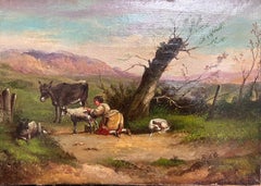 Antique Italian Oil Painting on Canvas Milk Maid with Goats, Donkey in Landscape