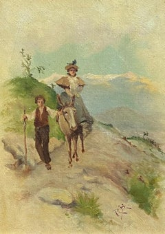 Figures Mountainside Pass Riding a Donkey Signed Antique Italian Oil Painting