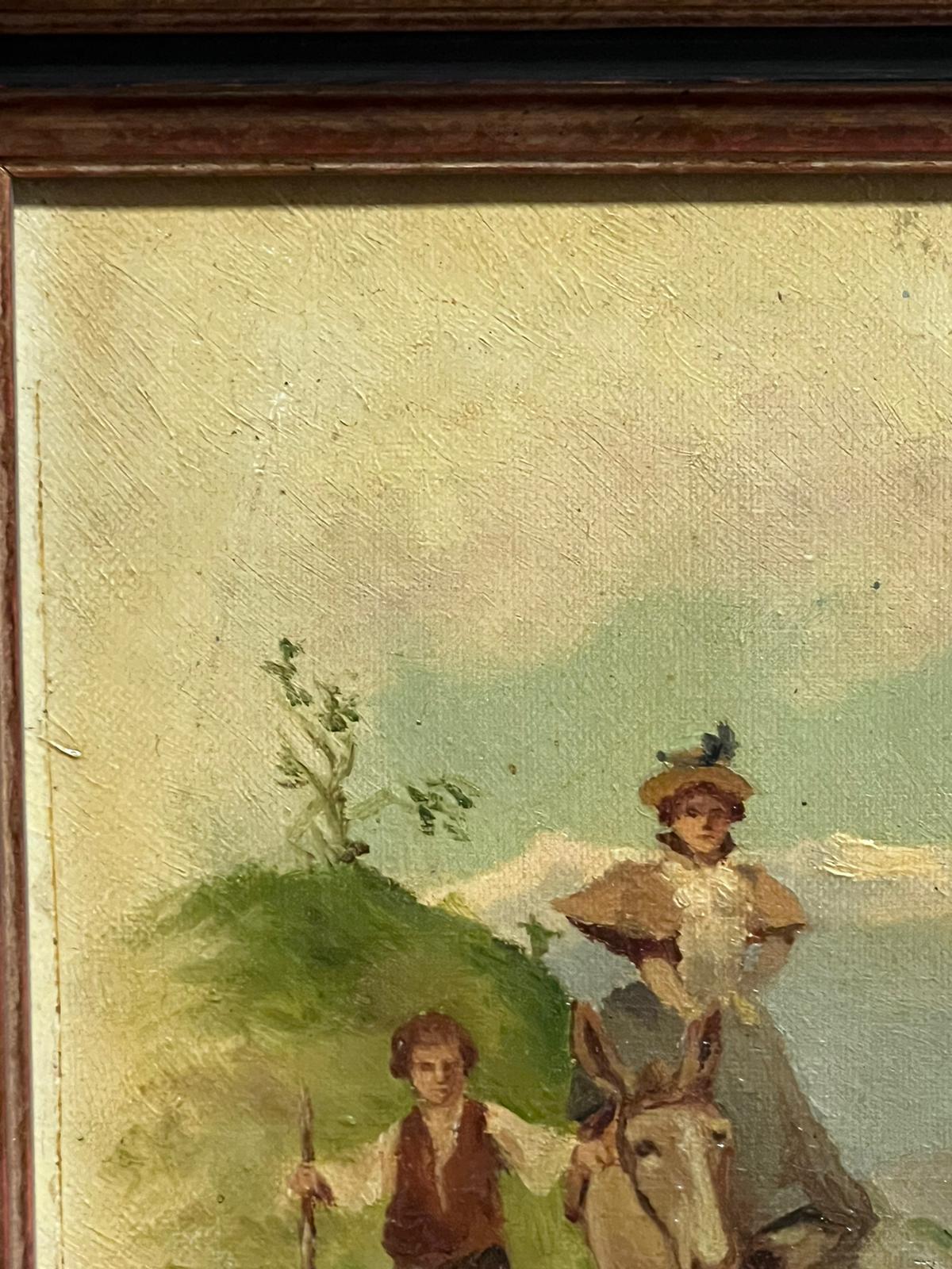Figuras Paso de montaña montadas en un burro Pintura al óleo italiana antigua firmada - Animal Painting Marrón de Italian 19th Century